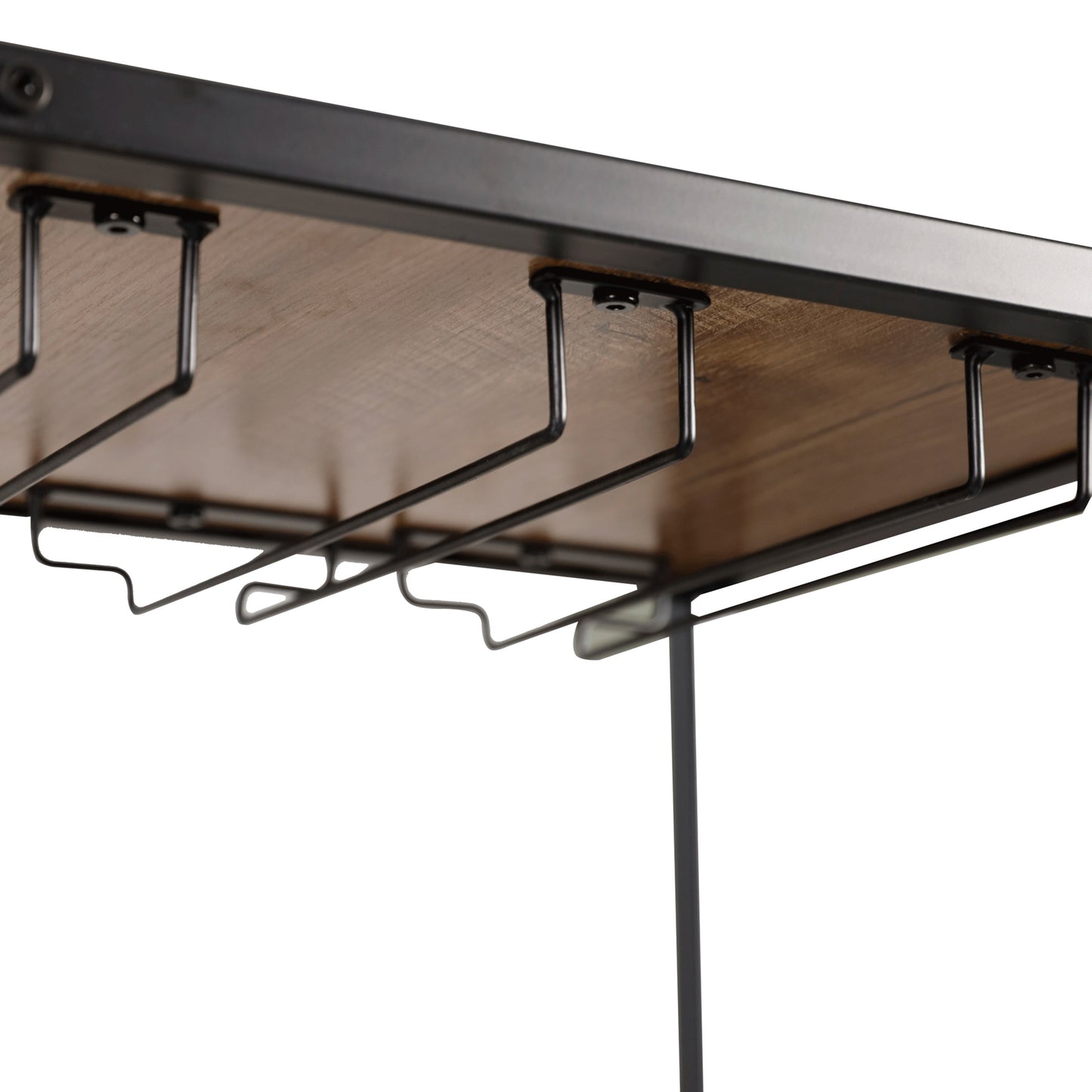 Jura Metal Bar and Wine Table with 2 Slanted Shelves for Bottle Storage and Hanging Glass Storage, Black Frame with Light Brown Melamine Table Top Light Brown Top/Black Frame
