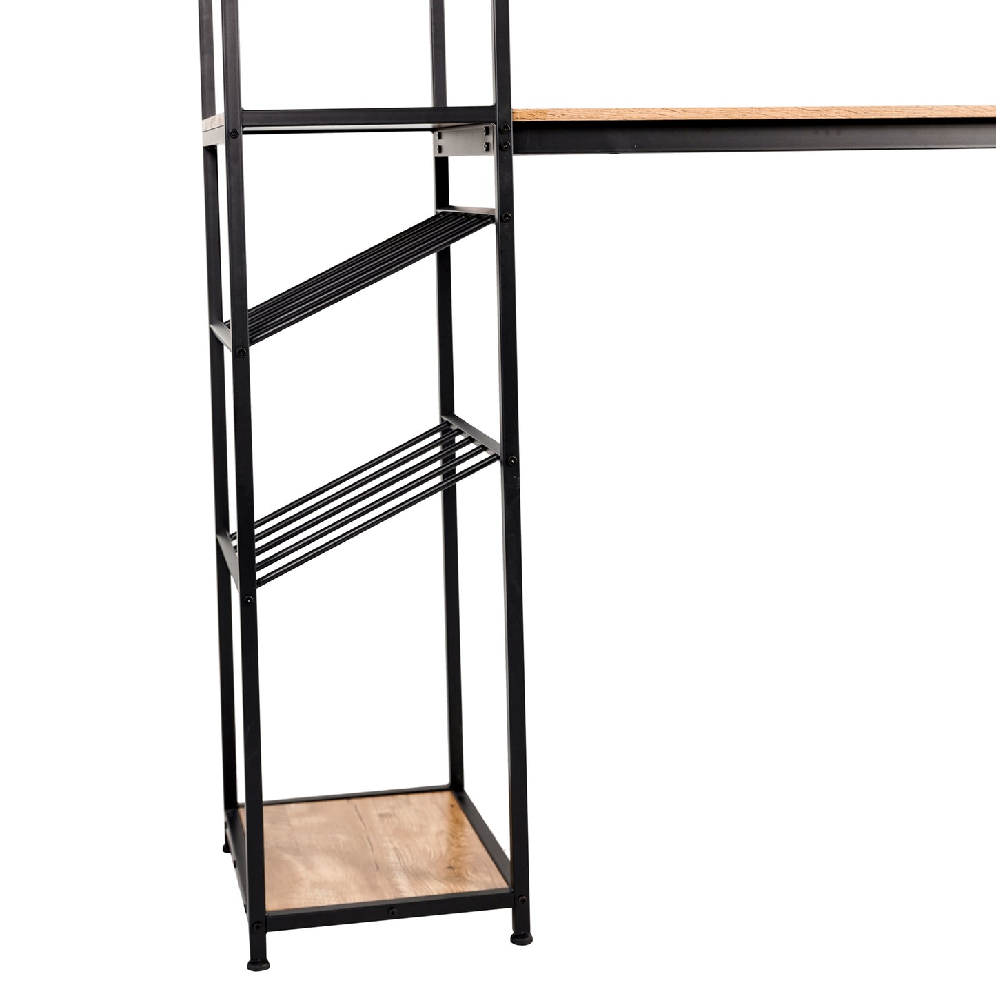 Jura Metal Bar and Wine Table with 2 Slanted Shelves for Bottle Storage and Hanging Glass Storage, Black Frame with Light Brown Melamine Table Top Light Brown Top/Black Frame