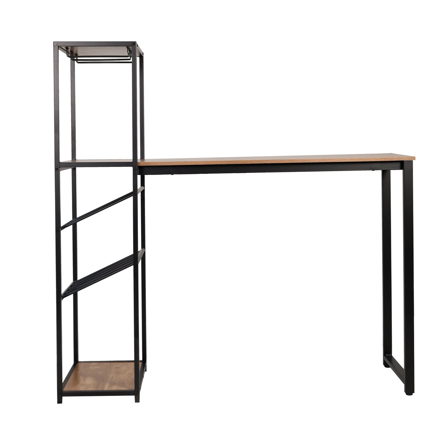 Jura Metal Bar and Wine Table with 2 Slanted Shelves for Bottle Storage and Hanging Glass Storage, Black Frame with Light Brown Melamine Table Top Light Brown Top/Black Frame