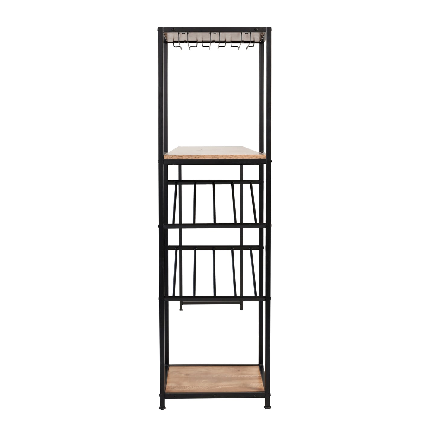 Jura Metal Bar and Wine Table with 2 Slanted Shelves for Bottle Storage and Hanging Glass Storage, Black Frame with Light Brown Melamine Table Top Light Brown Top/Black Frame