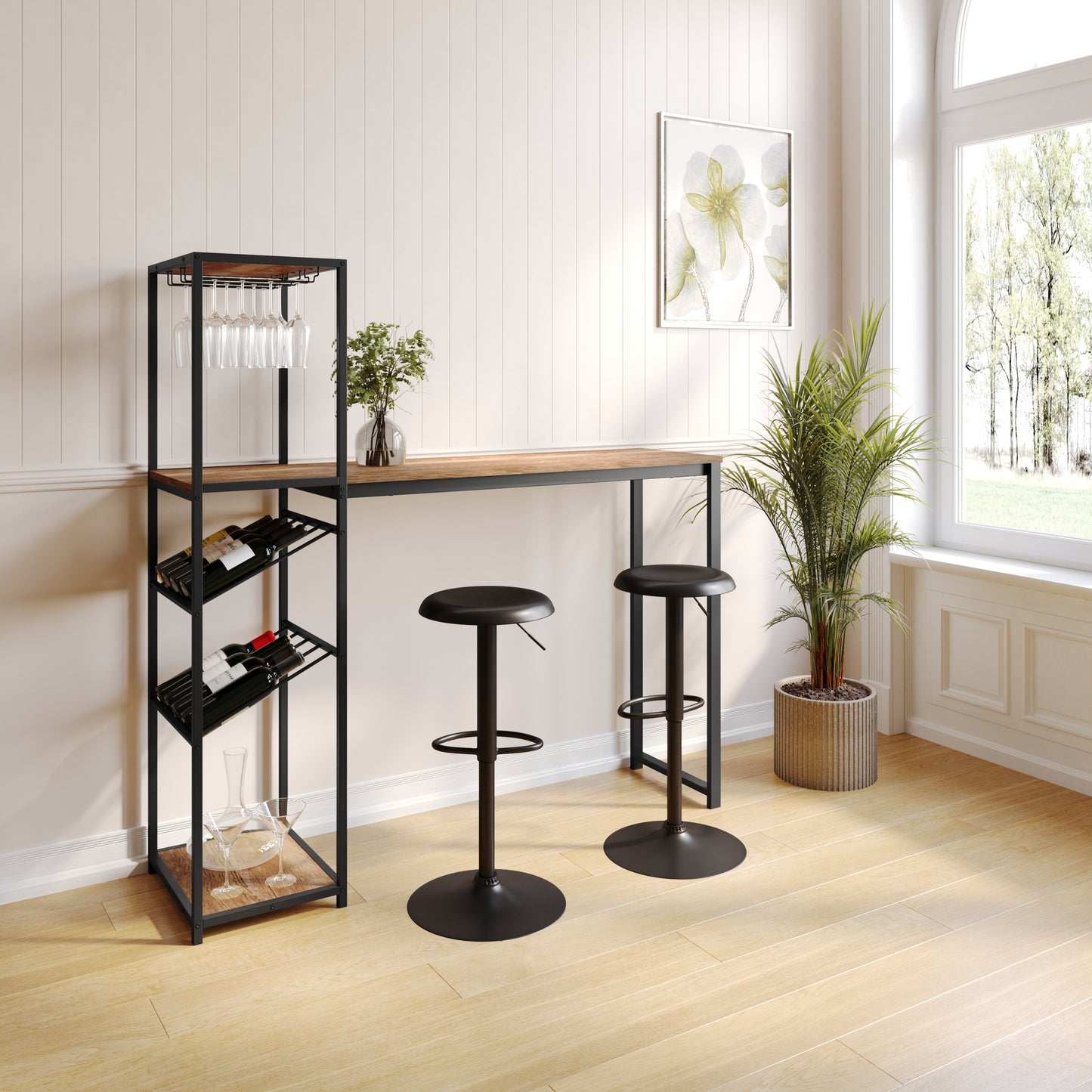 Jura Metal Bar and Wine Table with 2 Slanted Shelves for Bottle Storage and Hanging Glass Storage, Black Frame with Light Brown Melamine Table Top Light Brown Top/Black Frame