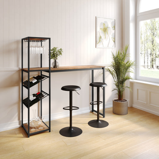 Jura Metal Bar and Wine Table with 2 Slanted Shelves for Bottle Storage and Hanging Glass Storage, Black Frame with Light Brown Melamine Table Top Light Brown Top/Black Frame