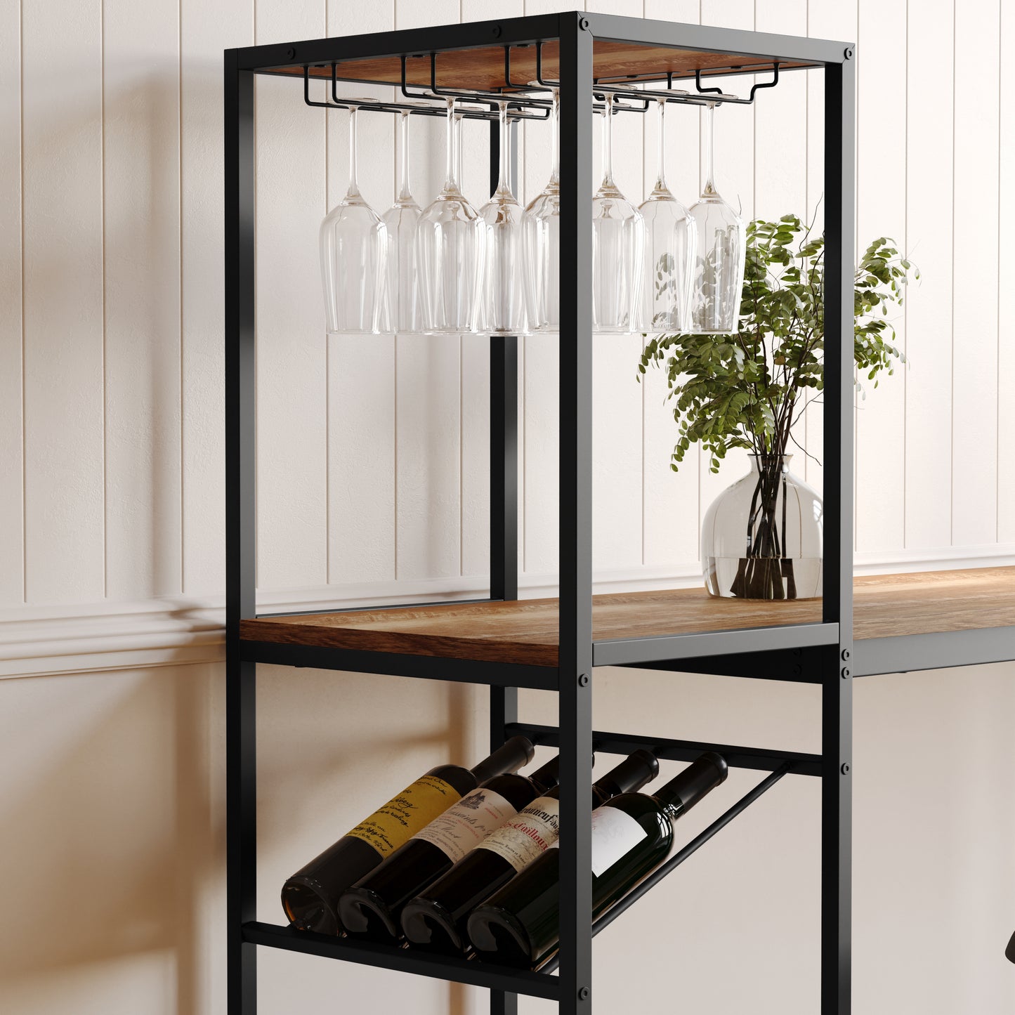 Jura Metal Bar and Wine Table with 2 Slanted Shelves for Bottle Storage and Hanging Glass Storage, Black Frame with Light Brown Melamine Table Top Light Brown Top/Black Frame
