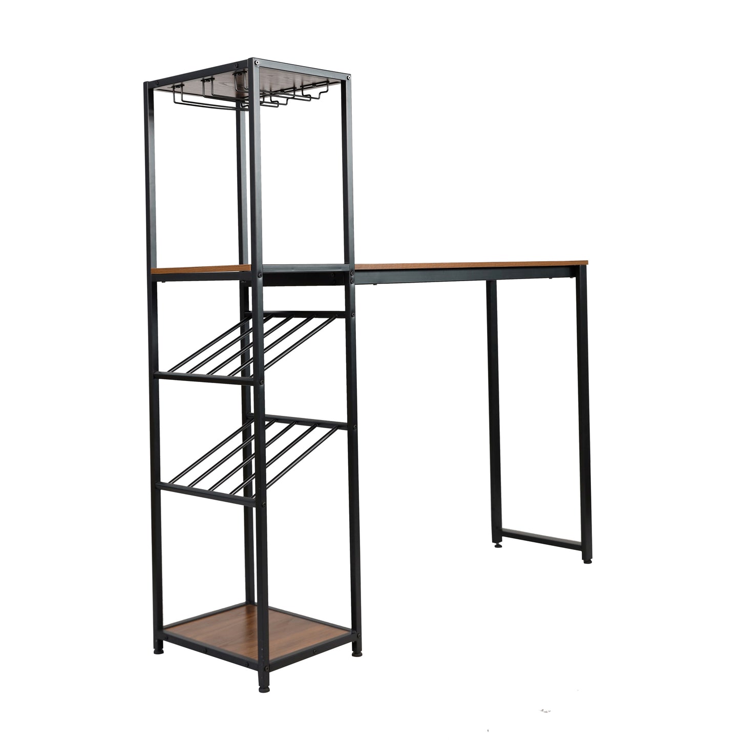 Jura Metal Bar and Wine Table with 2 Slanted Shelves for Bottle Storage and Hanging Glass Storage, Black Frame with Walnut Melamine Table Top Walnut Top/Black Frame