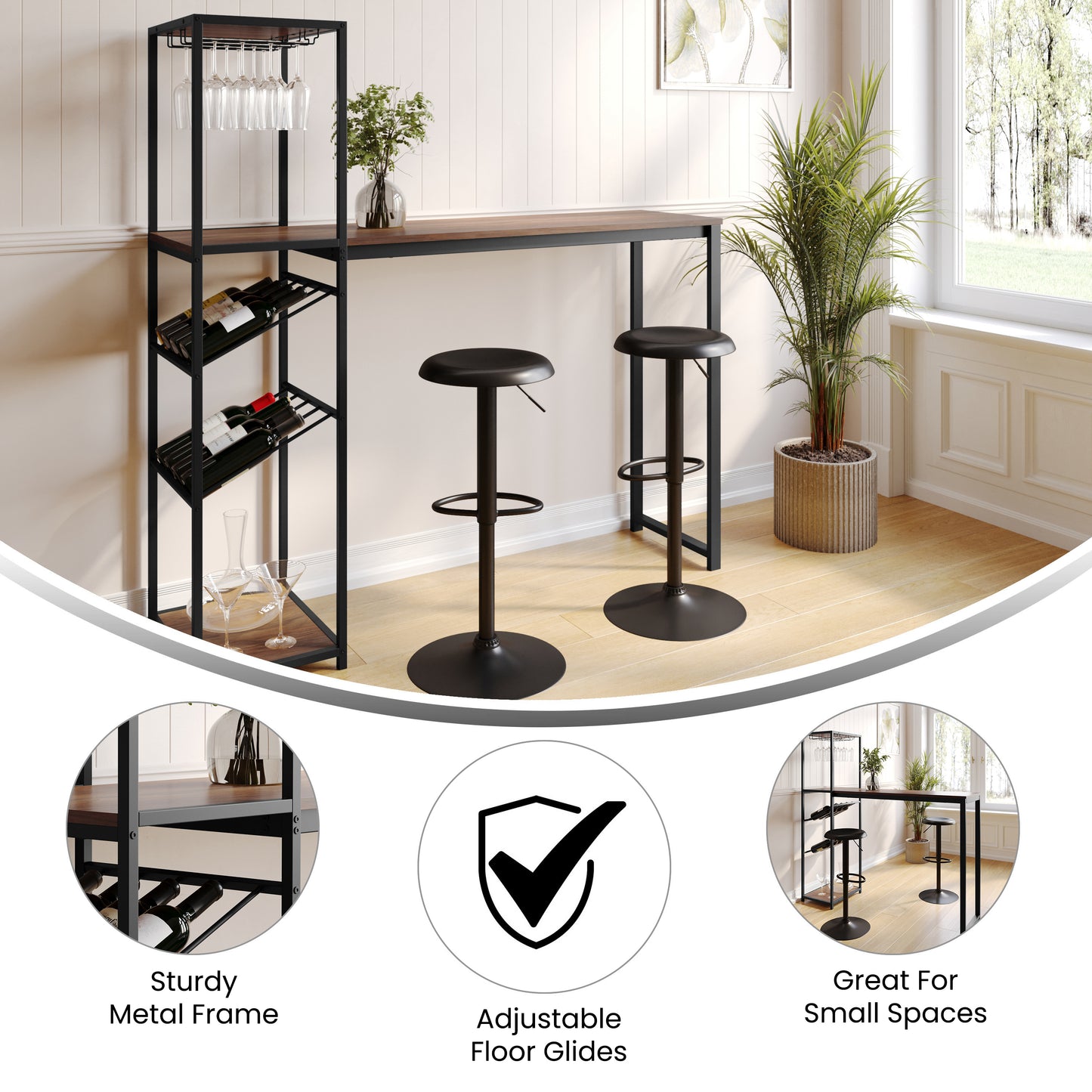 Jura Metal Bar and Wine Table with 2 Slanted Shelves for Bottle Storage and Hanging Glass Storage, Black Frame with Walnut Melamine Table Top Walnut Top/Black Frame