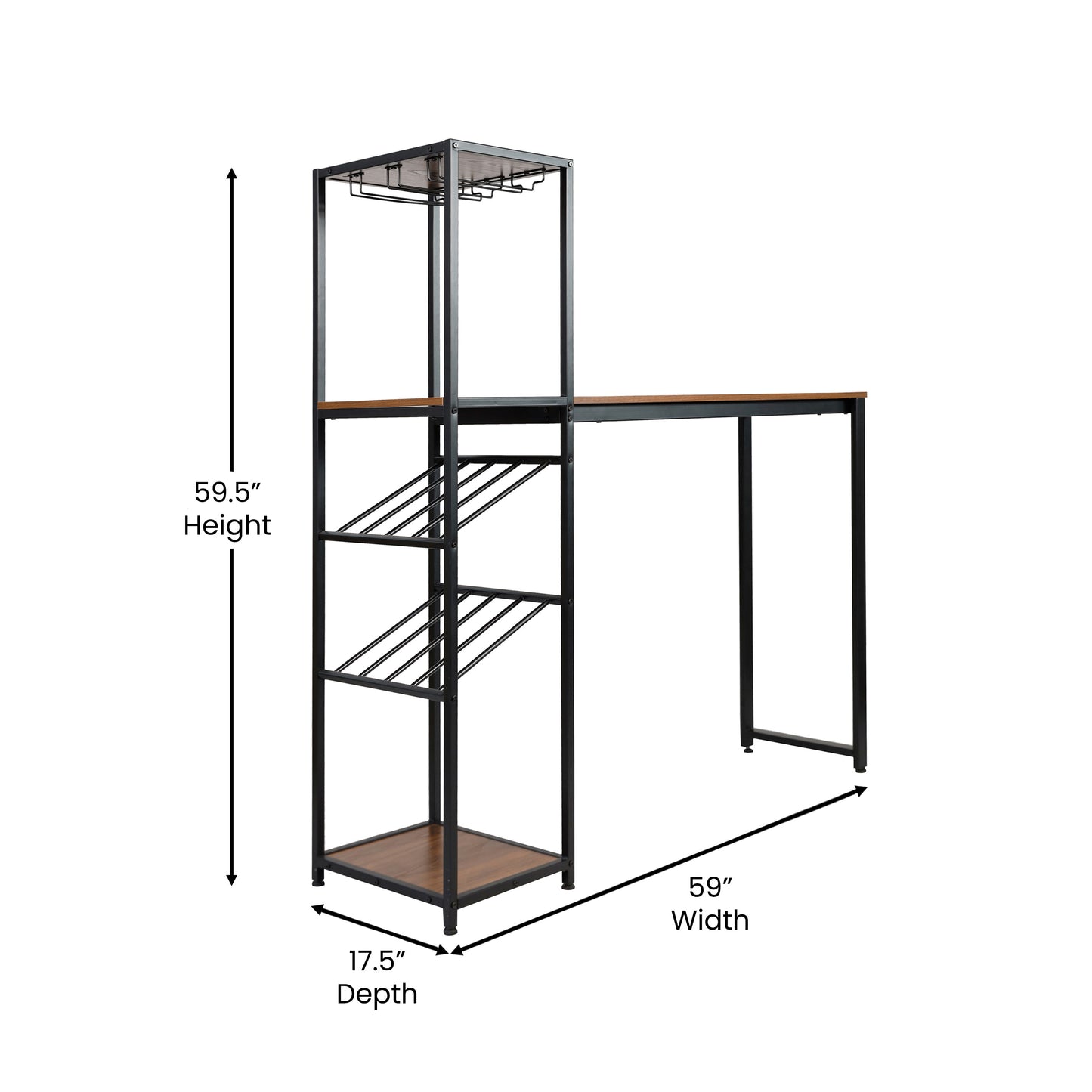 Jura Metal Bar and Wine Table with 2 Slanted Shelves for Bottle Storage and Hanging Glass Storage, Black Frame with Walnut Melamine Table Top Walnut Top/Black Frame