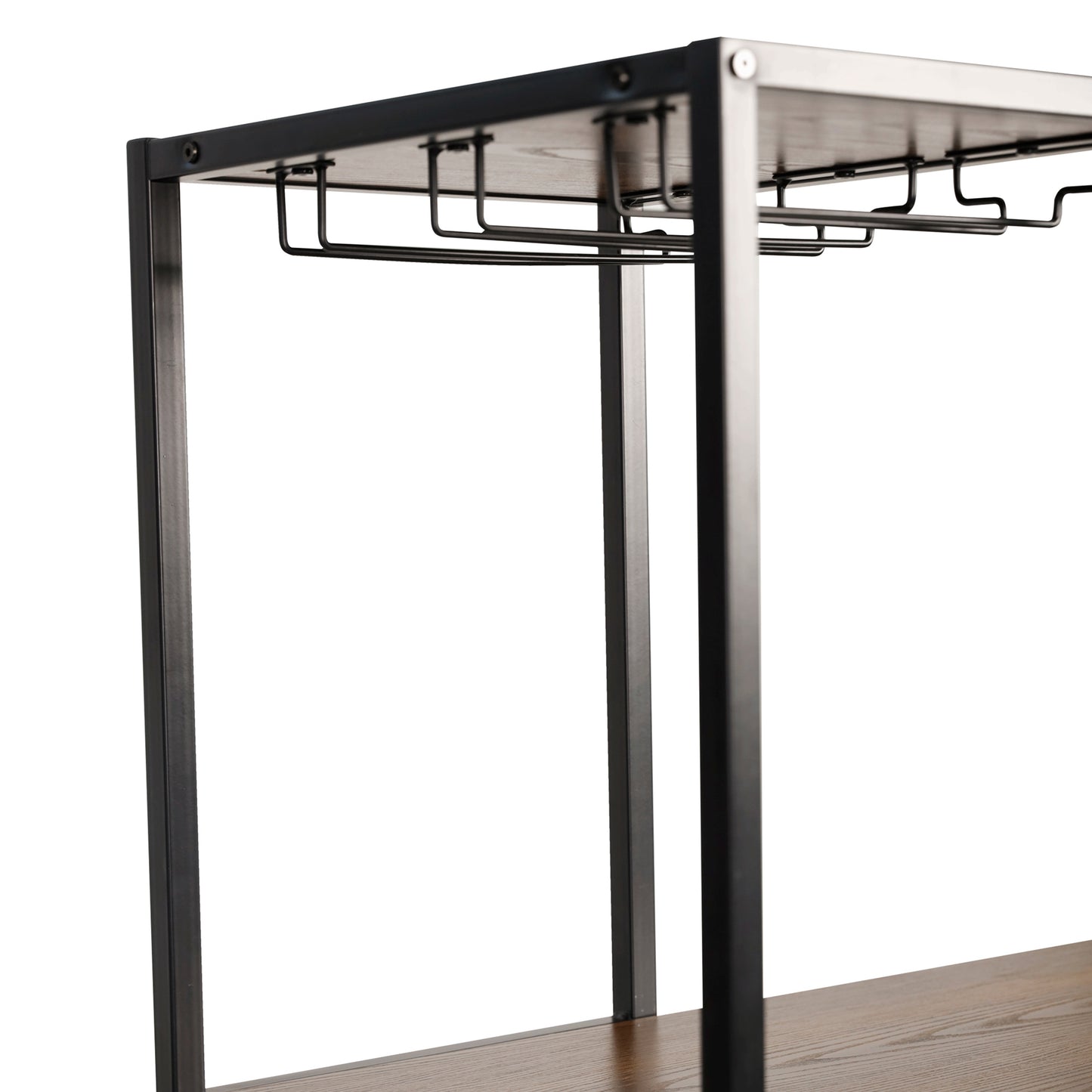Jura Metal Bar and Wine Table with 2 Slanted Shelves for Bottle Storage and Hanging Glass Storage, Black Frame with Walnut Melamine Table Top Walnut Top/Black Frame