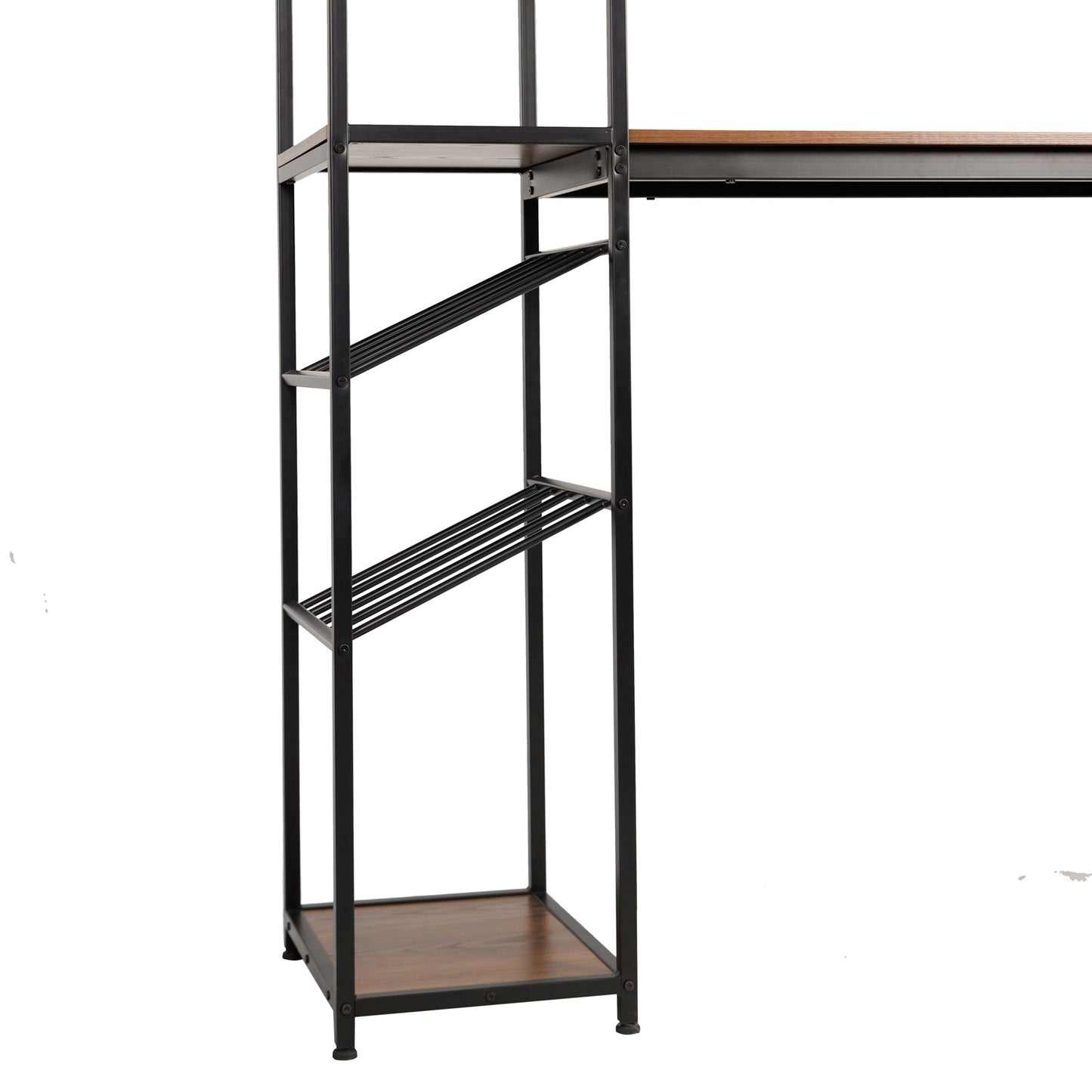 Jura Metal Bar and Wine Table with 2 Slanted Shelves for Bottle Storage and Hanging Glass Storage, Black Frame with Walnut Melamine Table Top Walnut Top/Black Frame