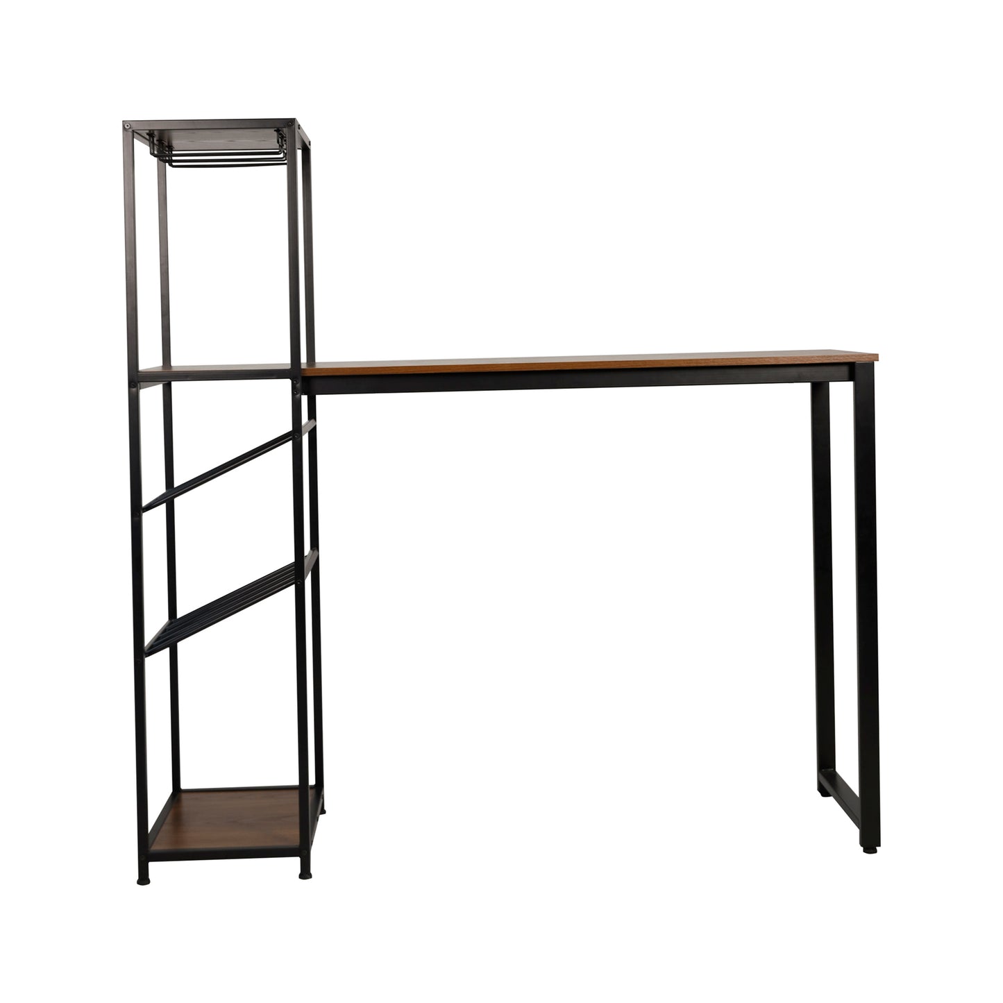 Jura Metal Bar and Wine Table with 2 Slanted Shelves for Bottle Storage and Hanging Glass Storage, Black Frame with Walnut Melamine Table Top Walnut Top/Black Frame