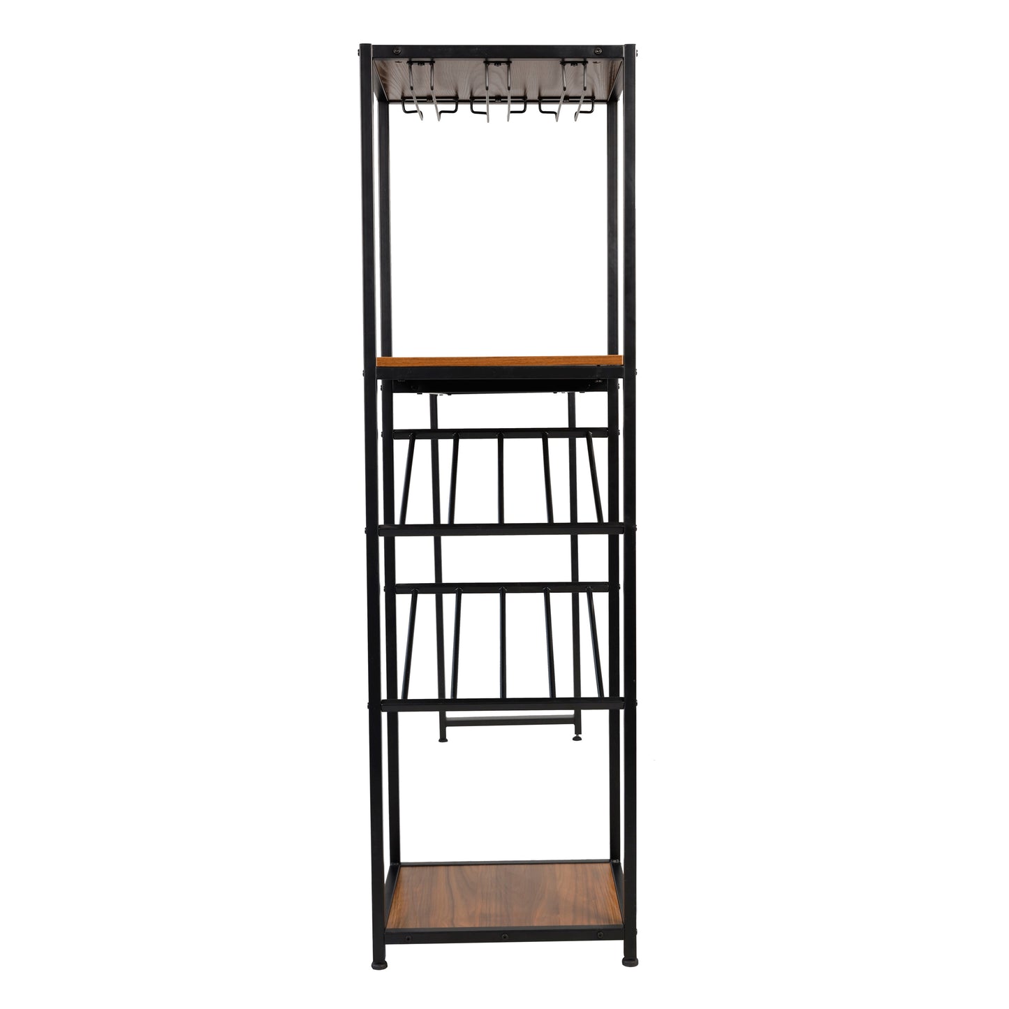 Jura Metal Bar and Wine Table with 2 Slanted Shelves for Bottle Storage and Hanging Glass Storage, Black Frame with Walnut Melamine Table Top Walnut Top/Black Frame