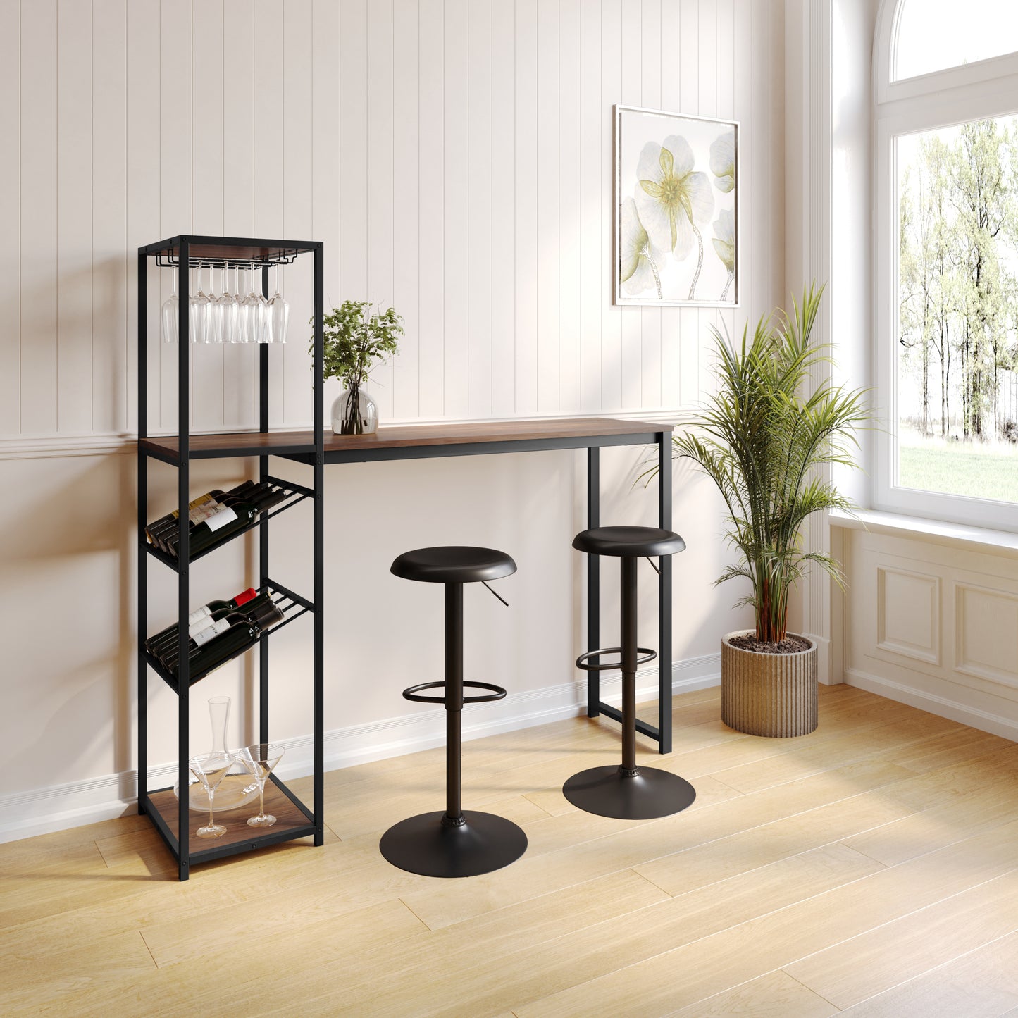 Jura Metal Bar and Wine Table with 2 Slanted Shelves for Bottle Storage and Hanging Glass Storage, Black Frame with Walnut Melamine Table Top Walnut Top/Black Frame