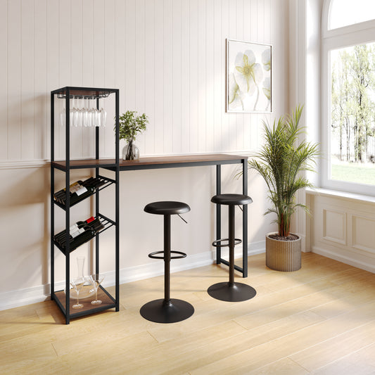 Jura Metal Bar and Wine Table with 2 Slanted Shelves for Bottle Storage and Hanging Glass Storage, Black Frame with Walnut Melamine Table Top Walnut Top/Black Frame