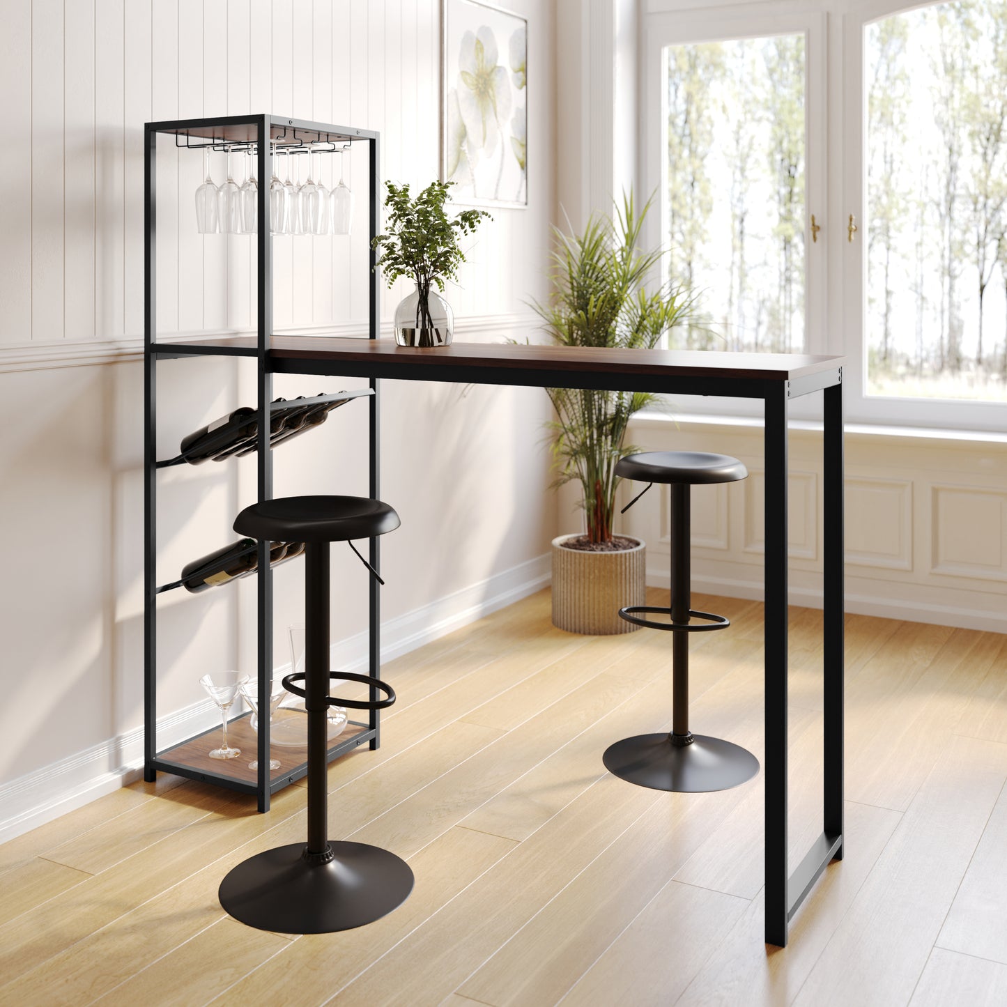Jura Metal Bar and Wine Table with 2 Slanted Shelves for Bottle Storage and Hanging Glass Storage, Black Frame with Walnut Melamine Table Top Walnut Top/Black Frame