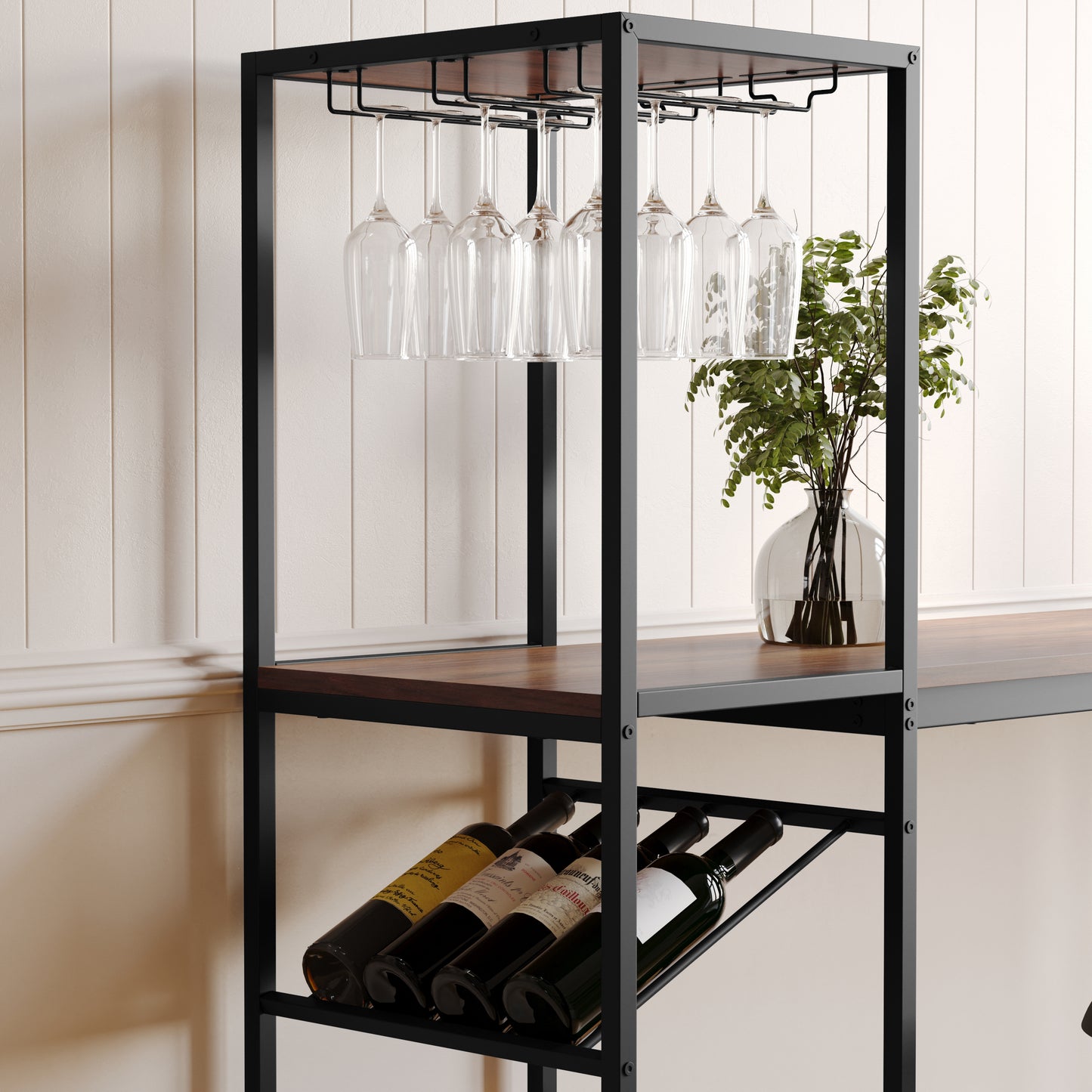 Jura Metal Bar and Wine Table with 2 Slanted Shelves for Bottle Storage and Hanging Glass Storage, Black Frame with Walnut Melamine Table Top Walnut Top/Black Frame