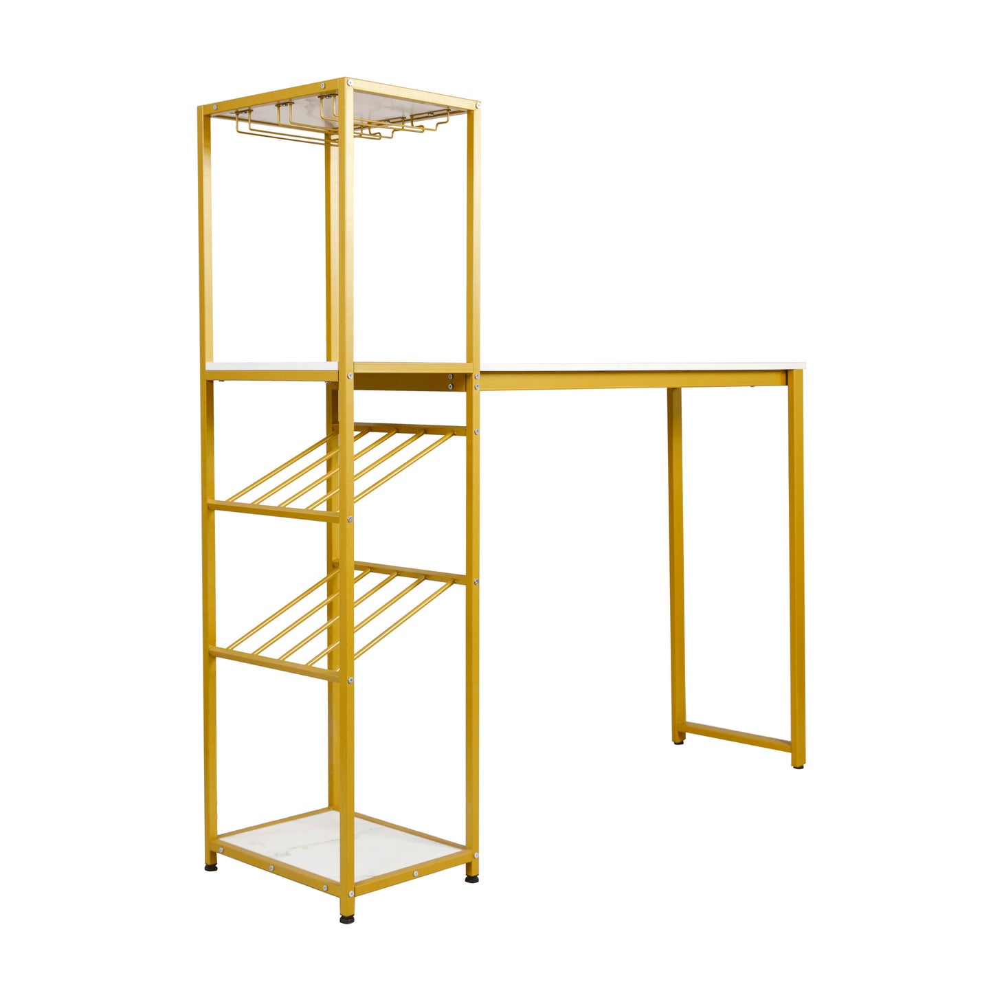 Jura Metal Bar and Wine Table with 2 Slanted Shelves for Bottle Storage and Hanging Glass Storage, Gold Frame with Marble Melamine Table Top Marble Top/Gold Frame