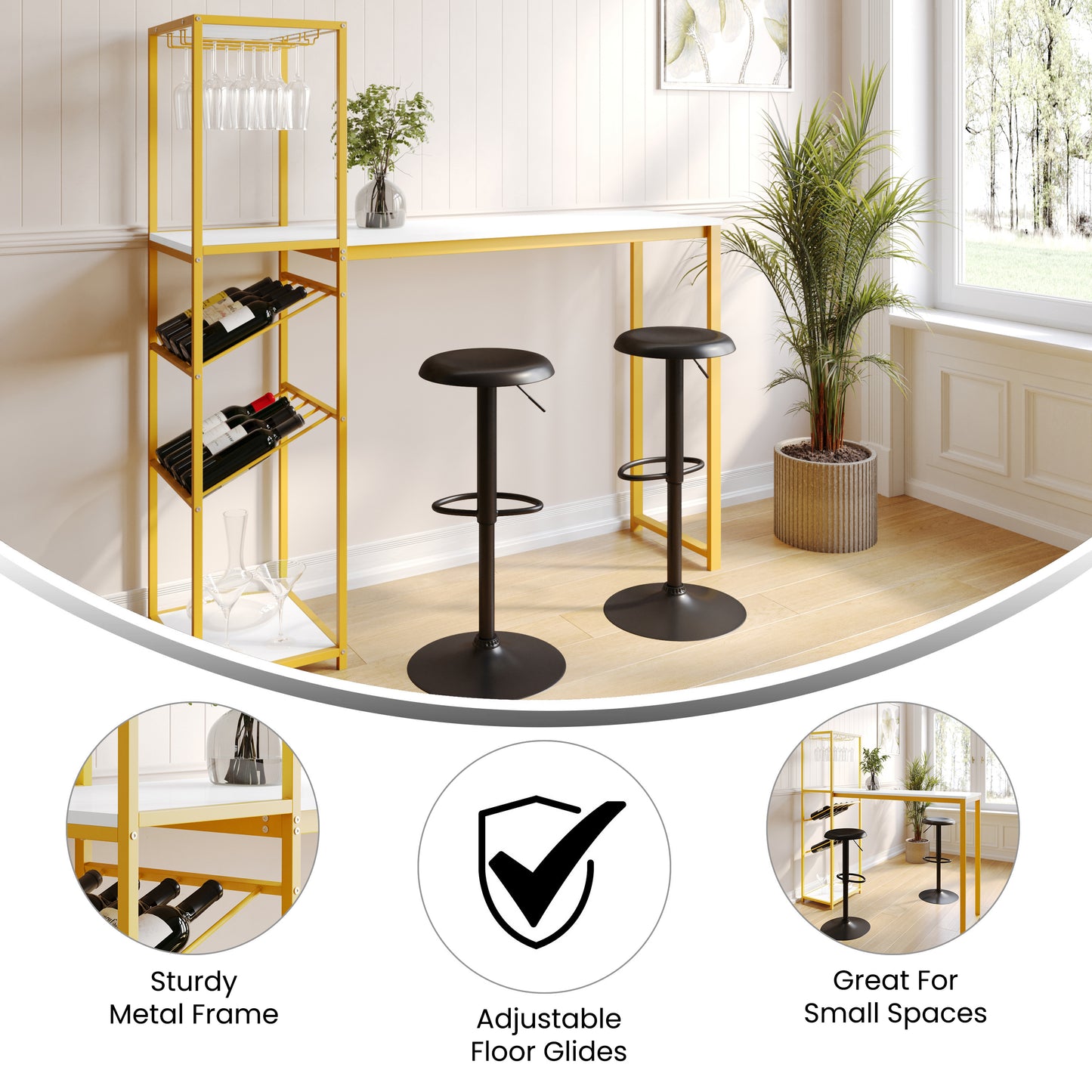 Jura Metal Bar and Wine Table with 2 Slanted Shelves for Bottle Storage and Hanging Glass Storage, Gold Frame with Marble Melamine Table Top Marble Top/Gold Frame
