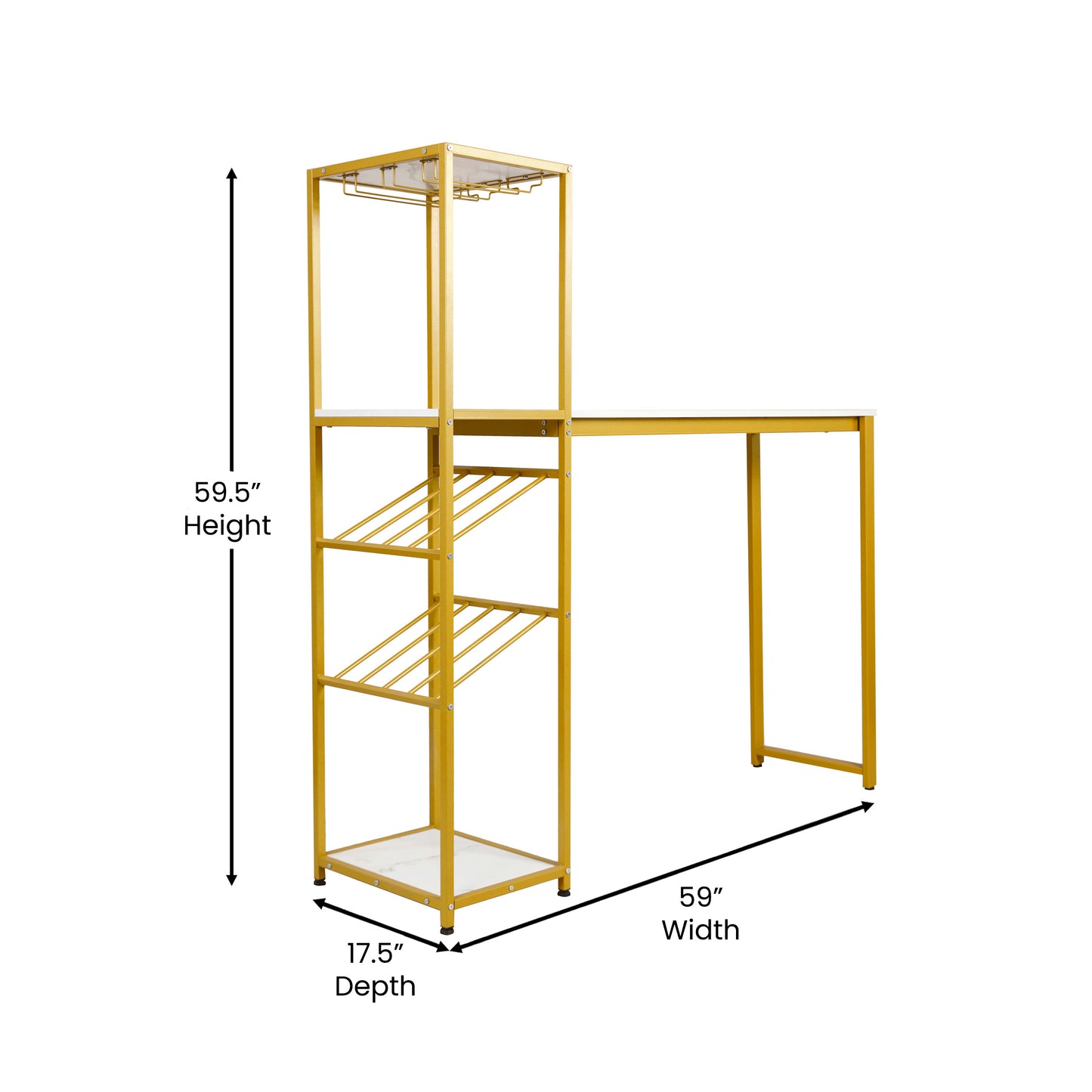 Jura Metal Bar and Wine Table with 2 Slanted Shelves for Bottle Storage and Hanging Glass Storage, Gold Frame with Marble Melamine Table Top Marble Top/Gold Frame