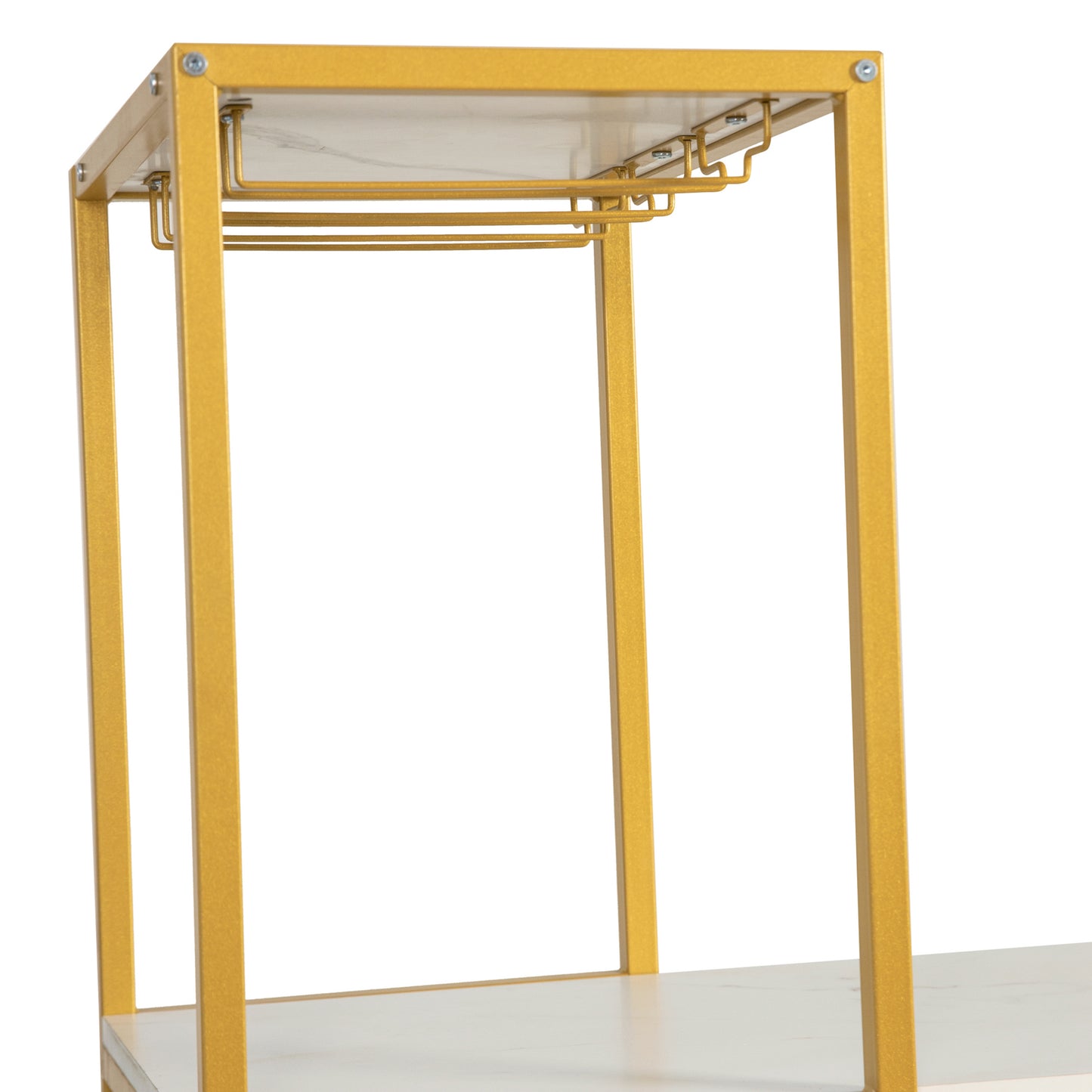 Jura Metal Bar and Wine Table with 2 Slanted Shelves for Bottle Storage and Hanging Glass Storage, Gold Frame with Marble Melamine Table Top Marble Top/Gold Frame