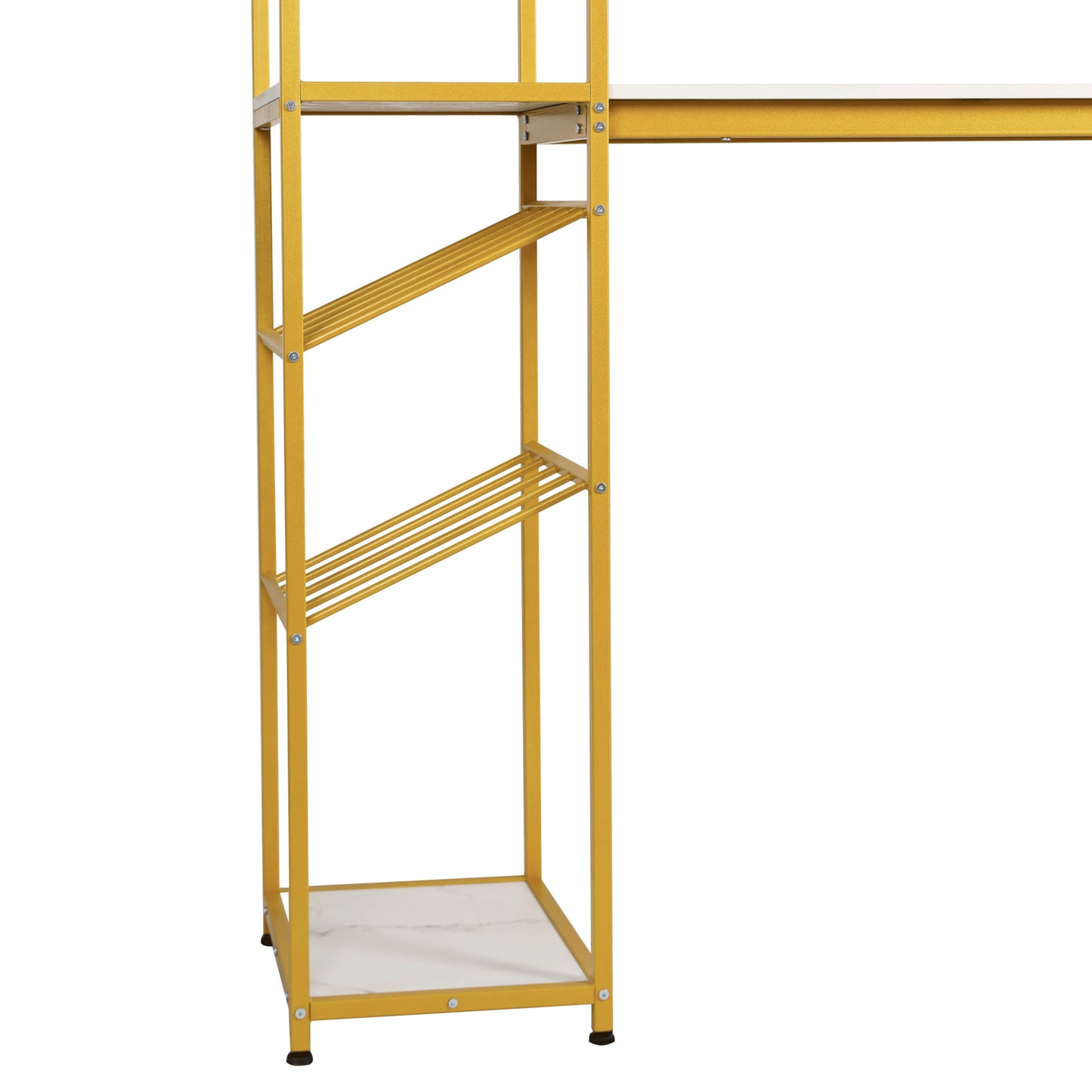 Jura Metal Bar and Wine Table with 2 Slanted Shelves for Bottle Storage and Hanging Glass Storage, Gold Frame with Marble Melamine Table Top Marble Top/Gold Frame