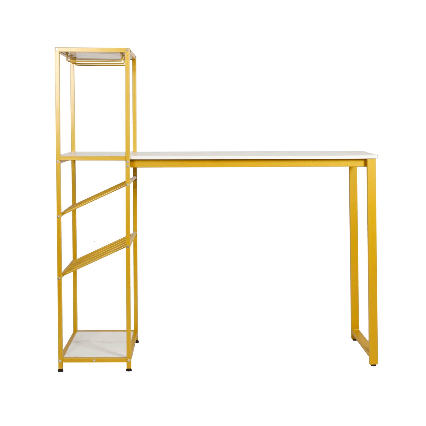 Jura Metal Bar and Wine Table with 2 Slanted Shelves for Bottle Storage and Hanging Glass Storage, Gold Frame with Marble Melamine Table Top Marble Top/Gold Frame