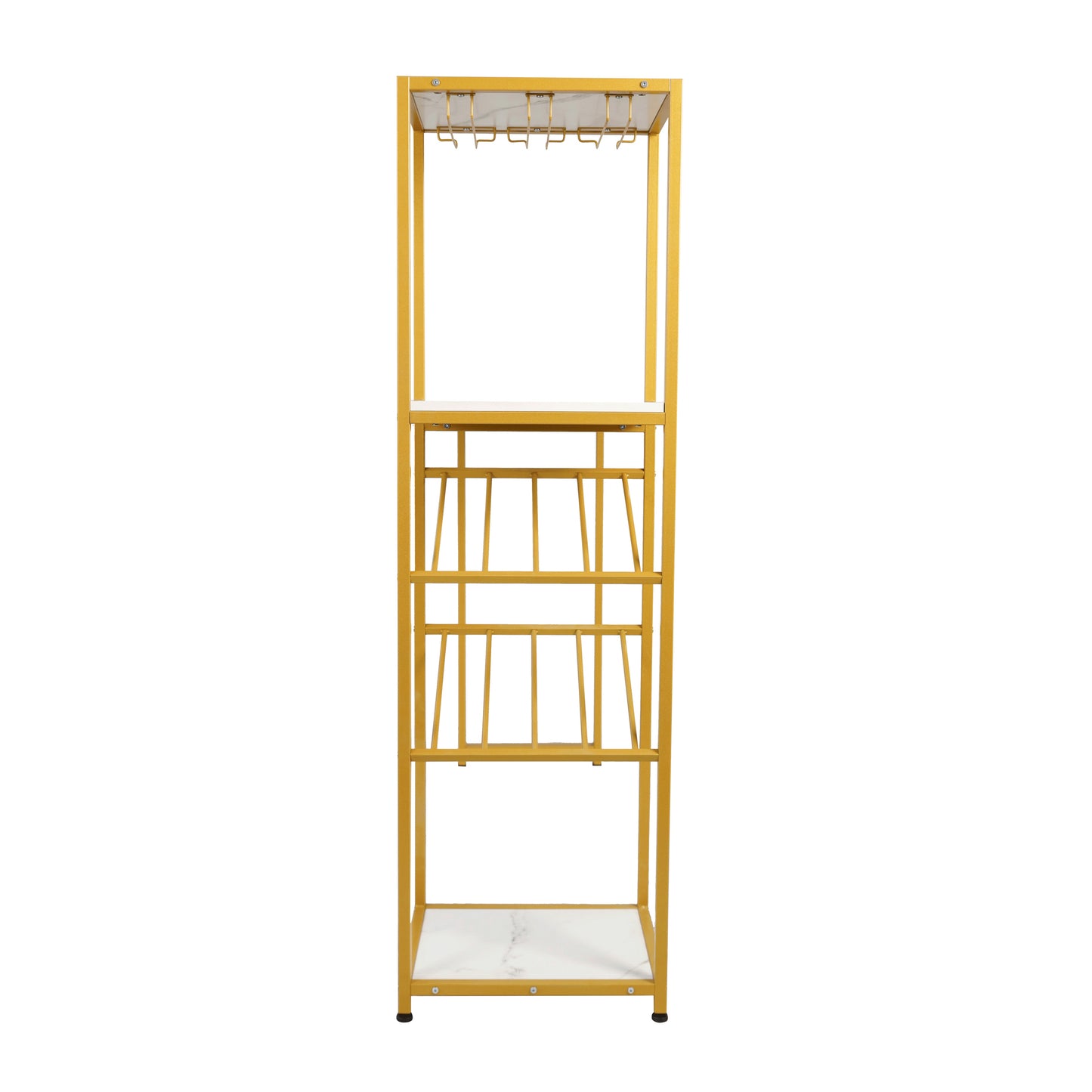 Jura Metal Bar and Wine Table with 2 Slanted Shelves for Bottle Storage and Hanging Glass Storage, Gold Frame with Marble Melamine Table Top Marble Top/Gold Frame