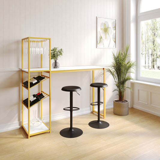 Jura Metal Bar and Wine Table with 2 Slanted Shelves for Bottle Storage and Hanging Glass Storage, Gold Frame with Marble Melamine Table Top Marble Top/Gold Frame