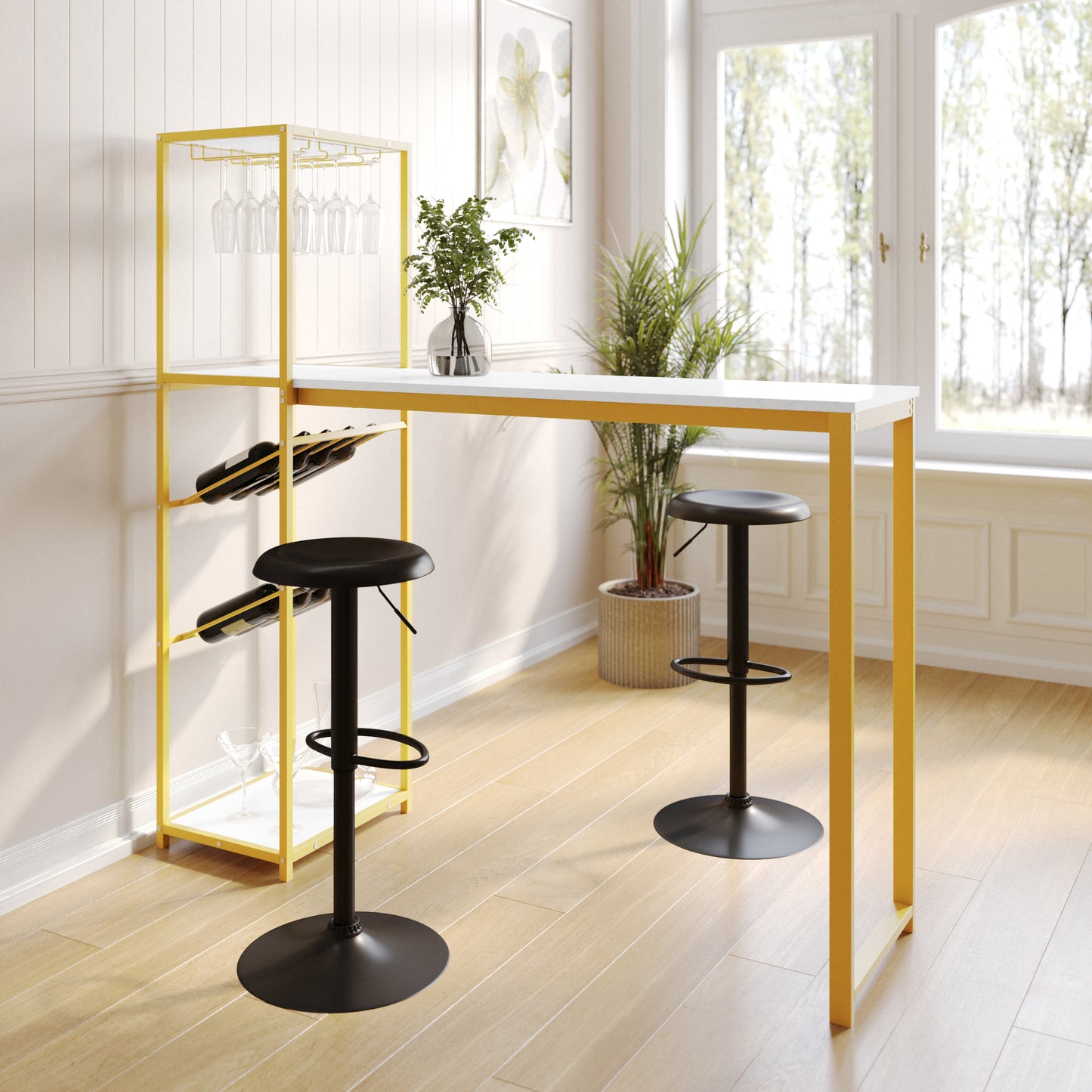 Jura Metal Bar and Wine Table with 2 Slanted Shelves for Bottle Storage and Hanging Glass Storage, Gold Frame with Marble Melamine Table Top Marble Top/Gold Frame