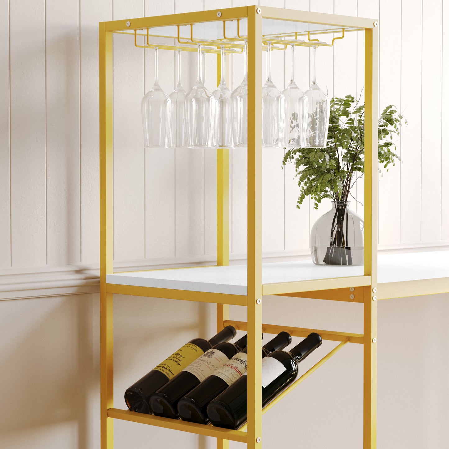 Jura Metal Bar and Wine Table with 2 Slanted Shelves for Bottle Storage and Hanging Glass Storage, Gold Frame with Marble Melamine Table Top Marble Top/Gold Frame