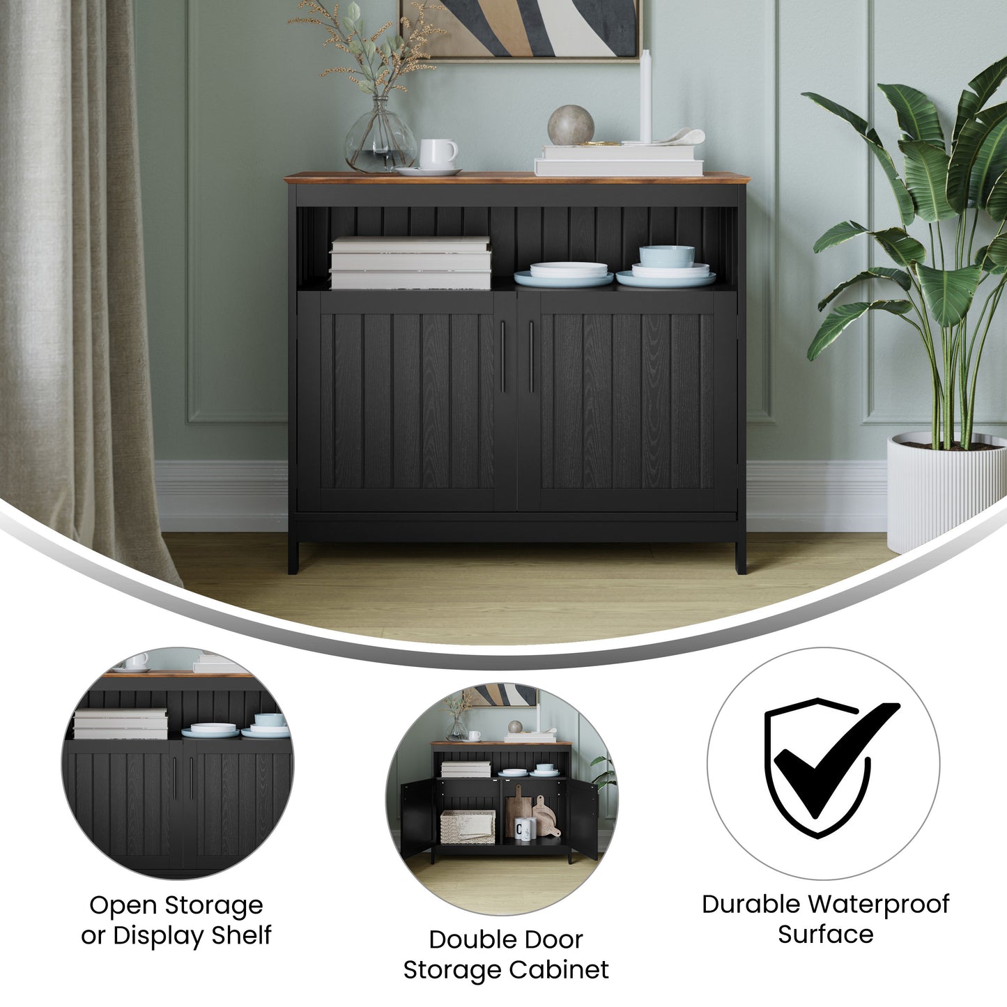 Mayfield 40" Classic Buffet and Sideboard with Double Door Storage Cabinet and Open Storage Shelf in Black with Walnut Finish Top Walnut Top/Black Frame