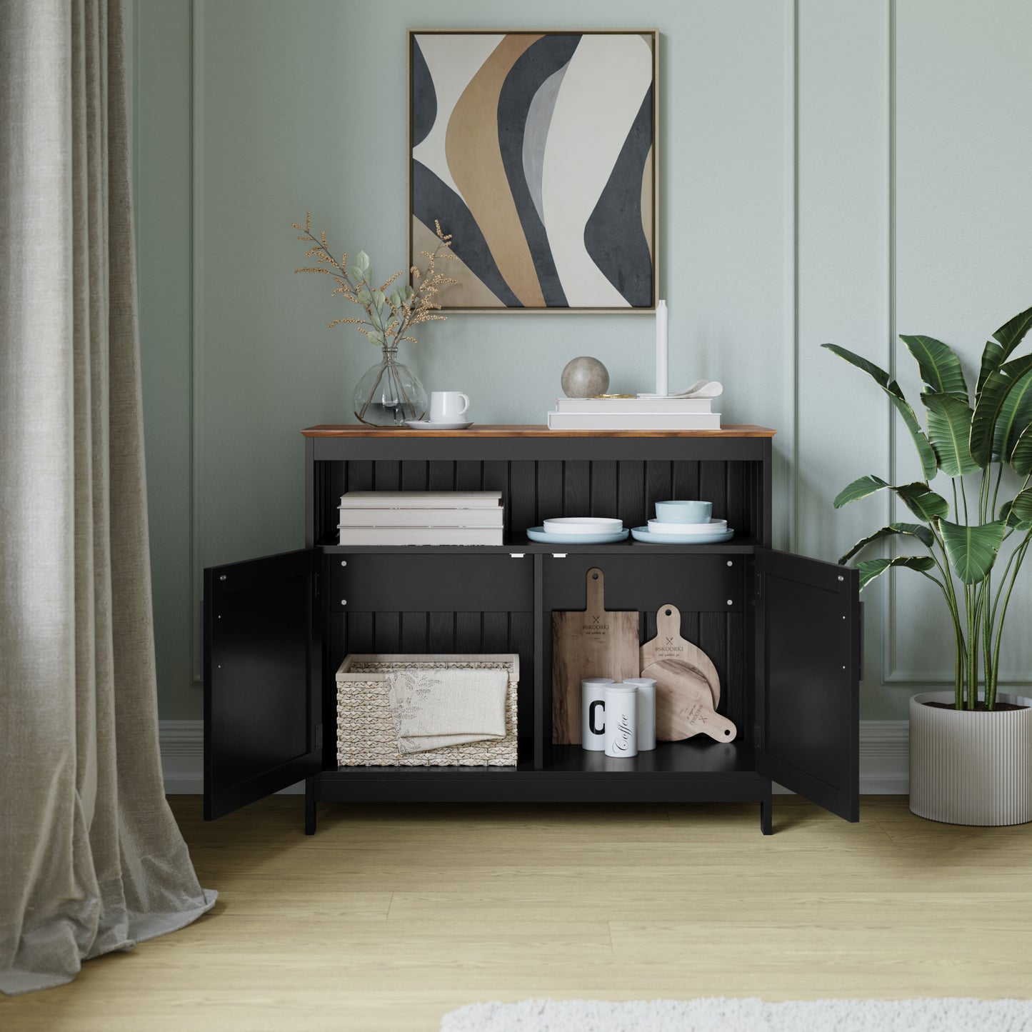 Mayfield 40" Classic Buffet and Sideboard with Double Door Storage Cabinet and Open Storage Shelf in Black with Walnut Finish Top Walnut Top/Black Frame
