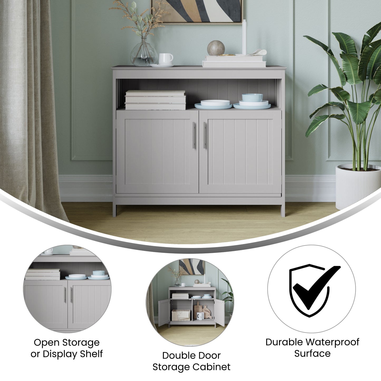 Mayfield 40" Classic Buffet and Sideboard with Double Door Storage Cabinet and Open Storage Shelf in Gray Gray