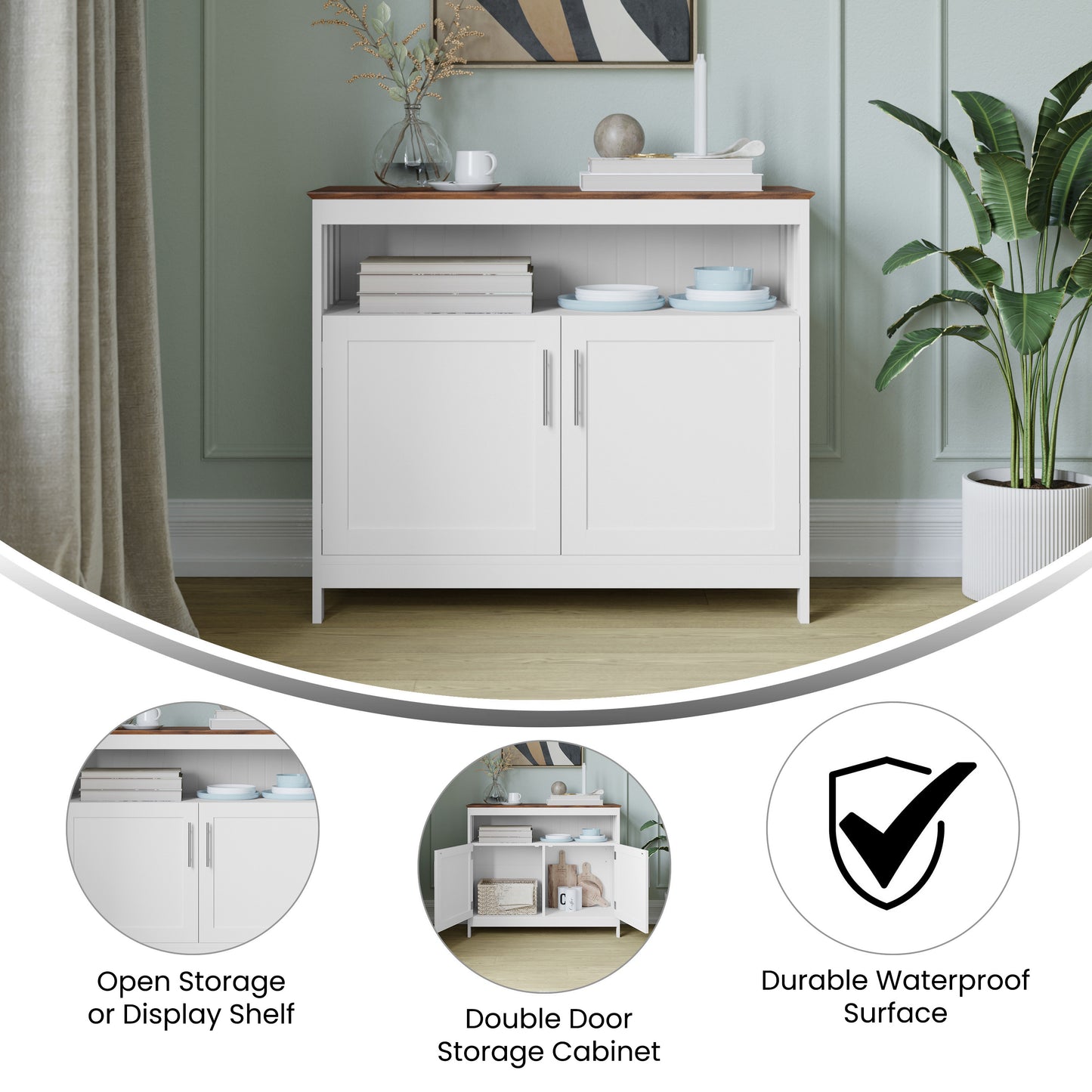 Mayfield 40" Classic Buffet and Sideboard with Double Door Storage Cabinet and Open Storage Shelf in White with Walnut Finish Top Walnut Top/White Frame