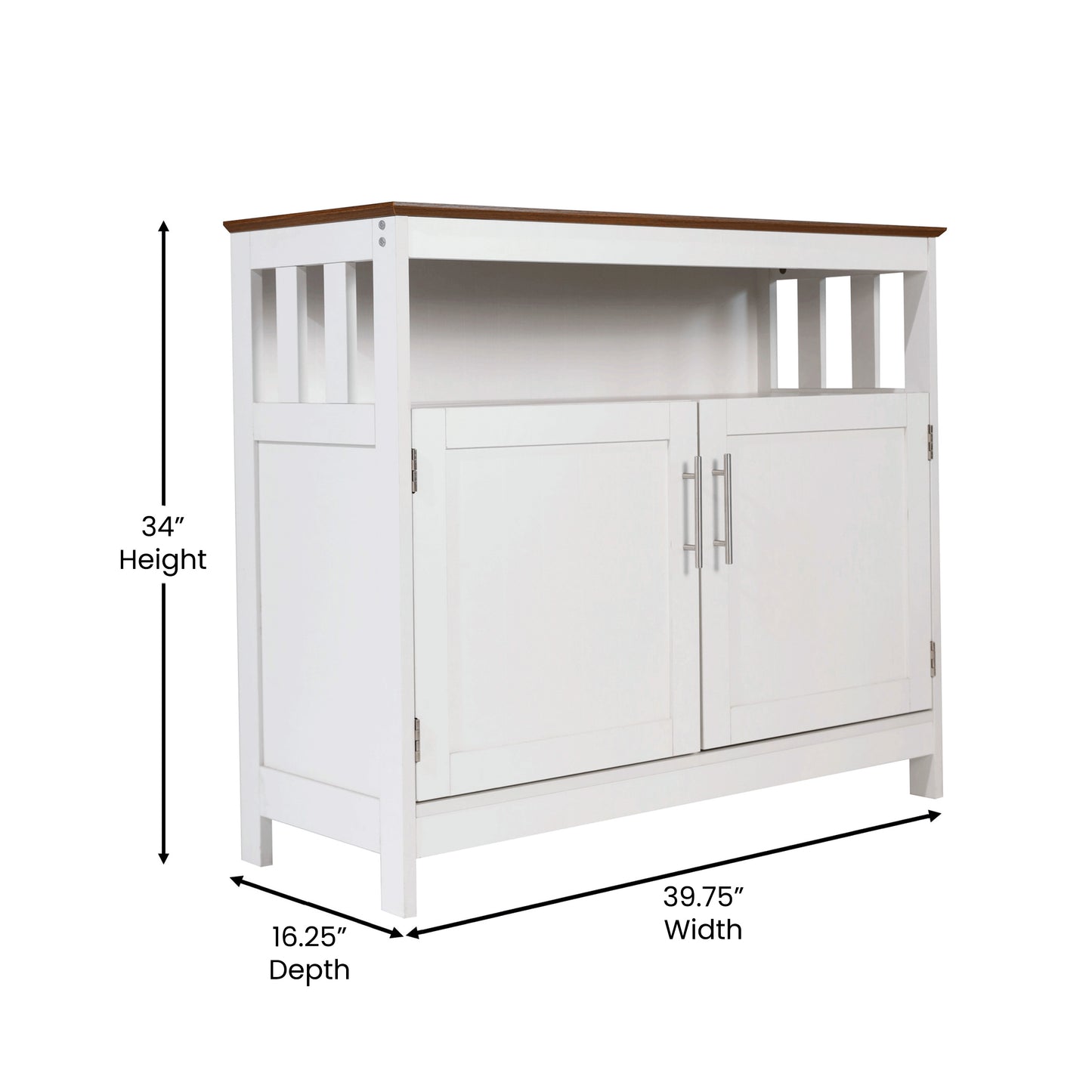 Mayfield 40" Classic Buffet and Sideboard with Double Door Storage Cabinet and Open Storage Shelf in White with Walnut Finish Top Walnut Top/White Frame