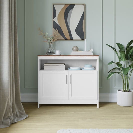Mayfield 40" Classic Buffet and Sideboard with Double Door Storage Cabinet and Open Storage Shelf in White with Walnut Finish Top Walnut Top/White Frame NAN-F-HY-B23108-WHWAL-GG