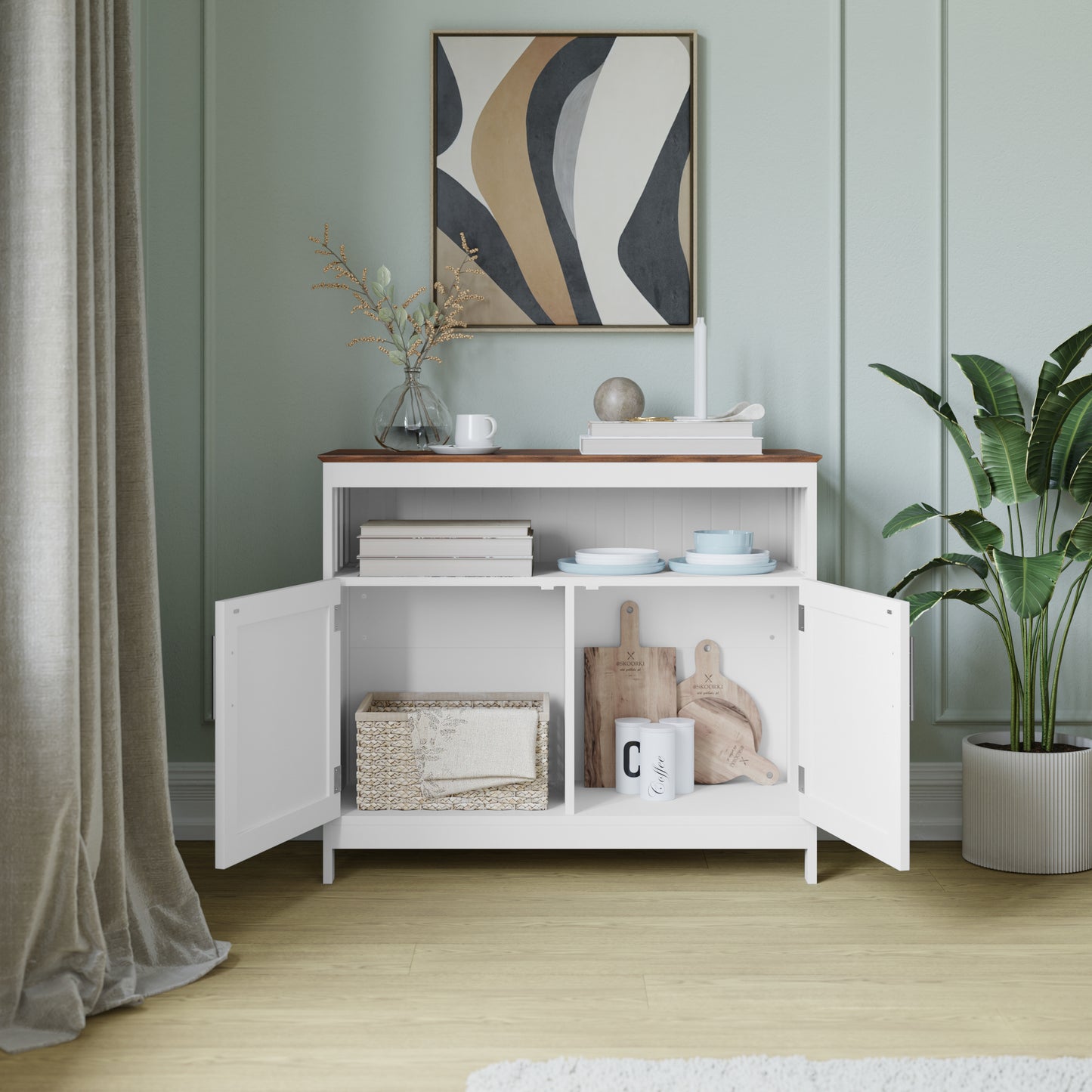 Mayfield 40" Classic Buffet and Sideboard with Double Door Storage Cabinet and Open Storage Shelf in White with Walnut Finish Top Walnut Top/White Frame