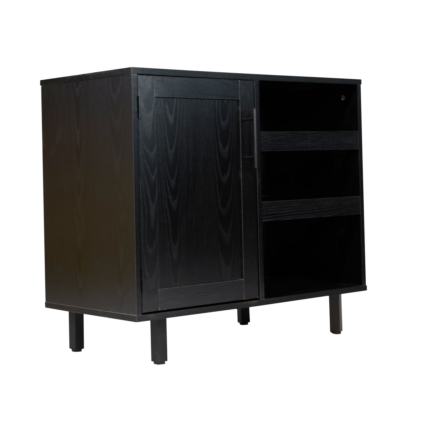 Elmont Classic Bar and Sideboard with Shaker Style Single Door Cabinet with Hanging Glass Storage and Open Bottle Shelves, Black Black