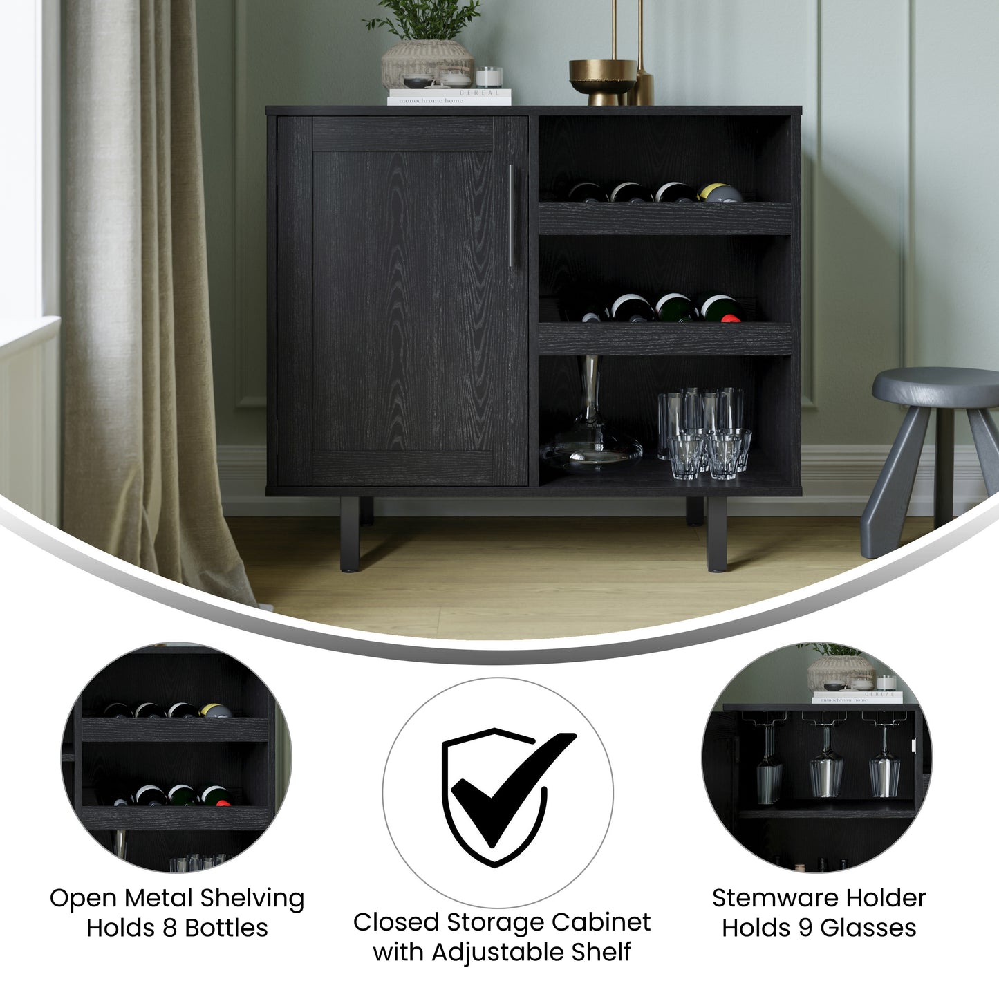 Elmont Classic Bar and Sideboard with Shaker Style Single Door Cabinet with Hanging Glass Storage and Open Bottle Shelves, Black Black