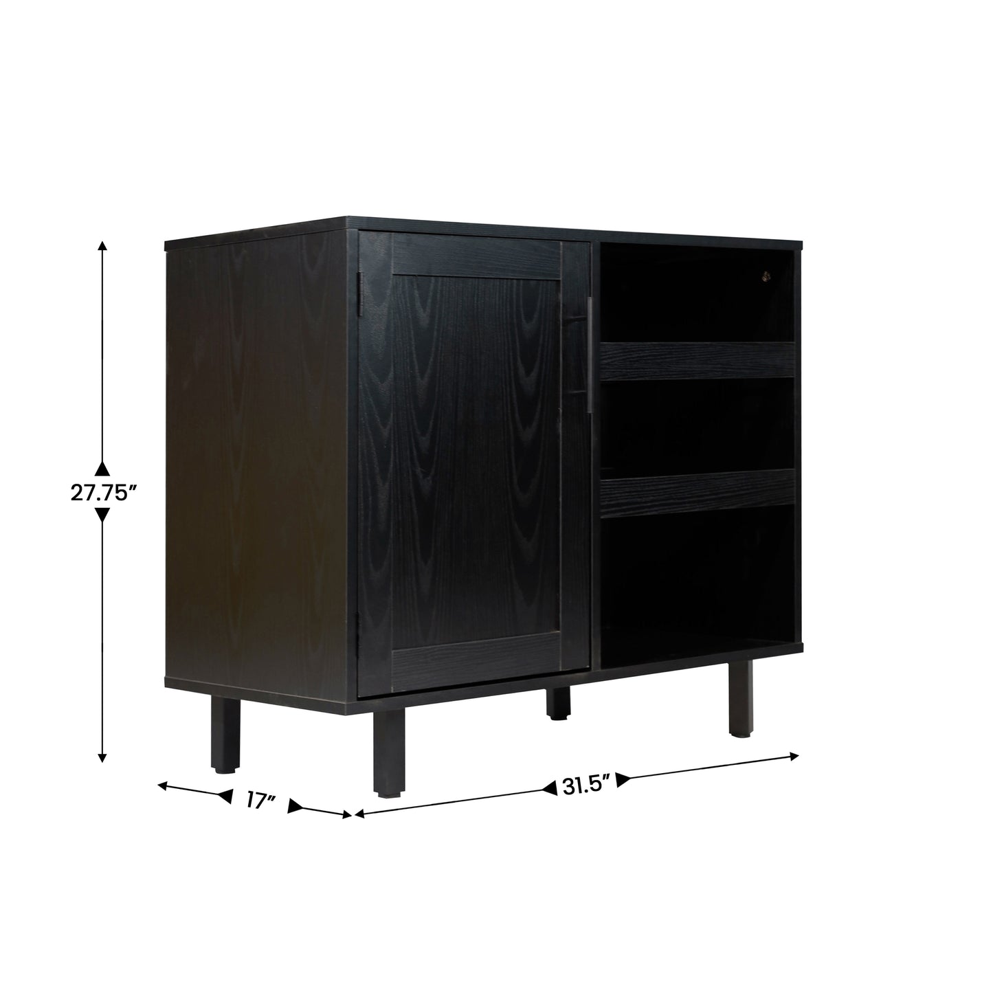 Elmont Classic Bar and Sideboard with Shaker Style Single Door Cabinet with Hanging Glass Storage and Open Bottle Shelves, Black Black