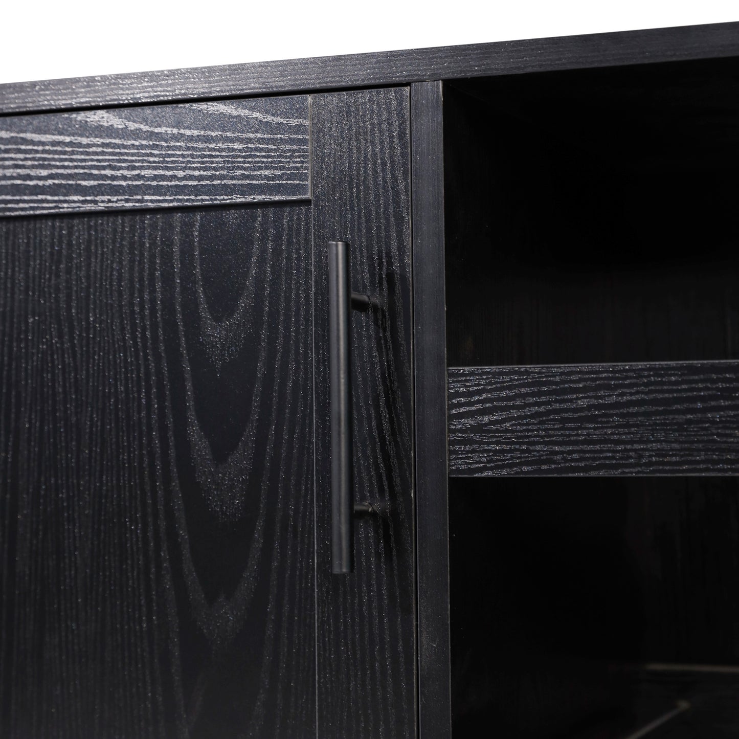 Elmont Classic Bar and Sideboard with Shaker Style Single Door Cabinet with Hanging Glass Storage and Open Bottle Shelves, Black Black