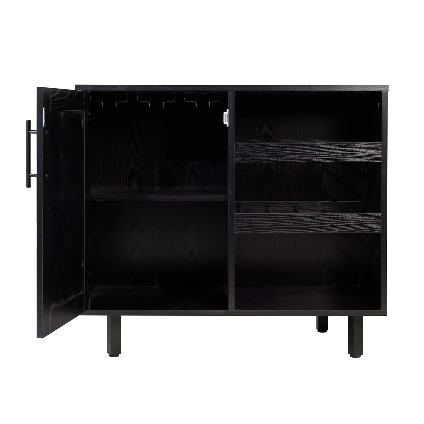 Elmont Classic Bar and Sideboard with Shaker Style Single Door Cabinet with Hanging Glass Storage and Open Bottle Shelves, Black Black