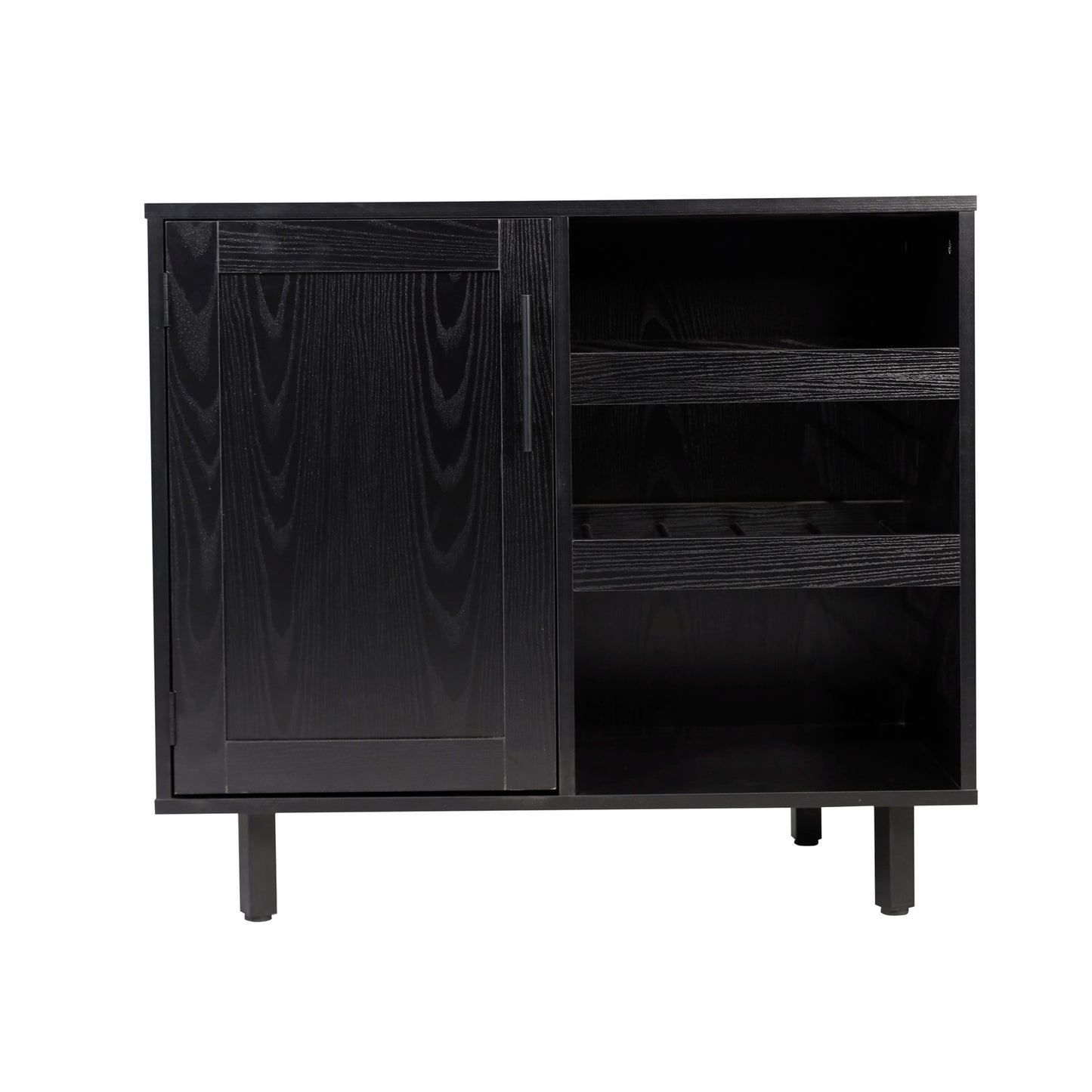 Elmont Classic Bar and Sideboard with Shaker Style Single Door Cabinet with Hanging Glass Storage and Open Bottle Shelves, Black Black