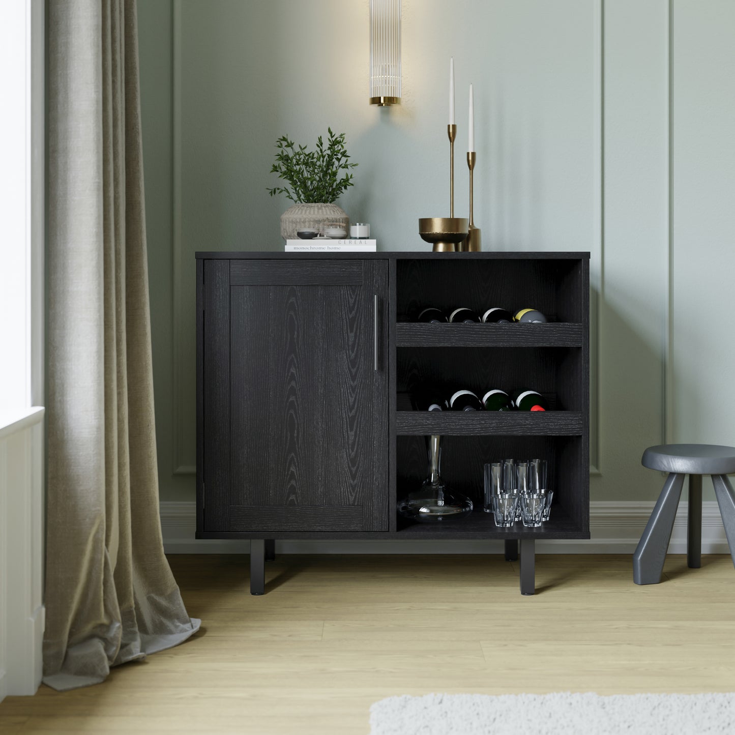 Elmont Classic Bar and Sideboard with Shaker Style Single Door Cabinet with Hanging Glass Storage and Open Bottle Shelves, Black Black