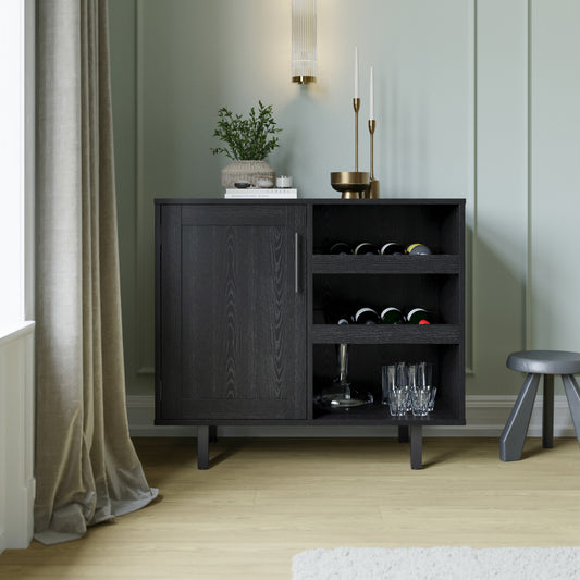Elmont Classic Bar and Sideboard with Shaker Style Single Door Cabinet with Hanging Glass Storage and Open Bottle Shelves, Black Black NAN-F-HY-B23113-BLK-GG