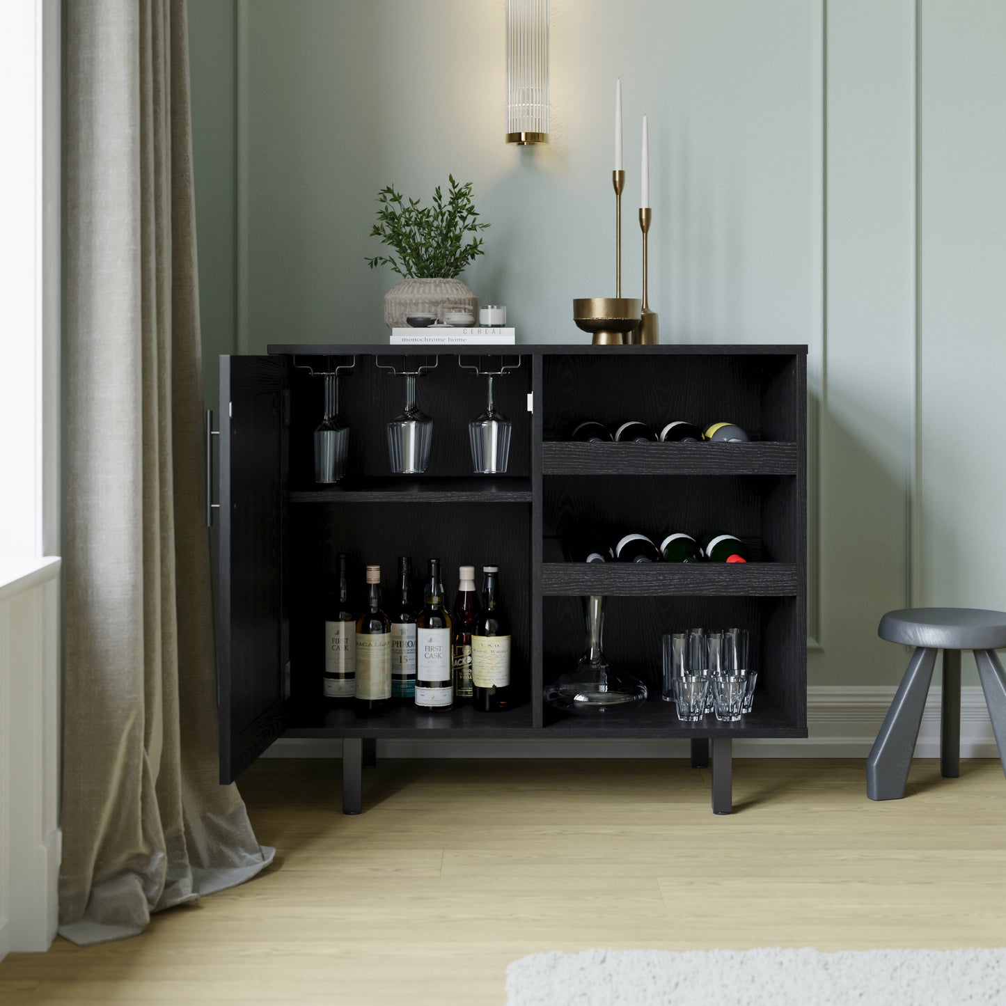 Elmont Classic Bar and Sideboard with Shaker Style Single Door Cabinet with Hanging Glass Storage and Open Bottle Shelves, Black Black