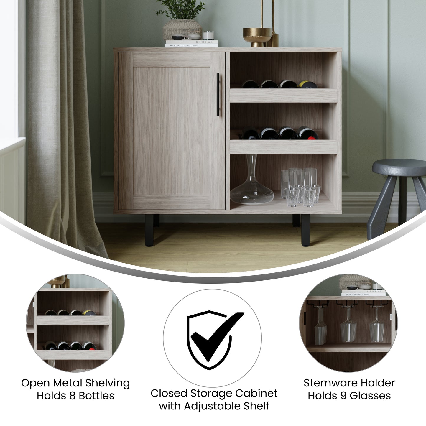 Elmont Classic Bar and Sideboard with Shaker Style Single Door Cabinet with Hanging Glass Storage and Open Bottle Shelves, Gray Gray