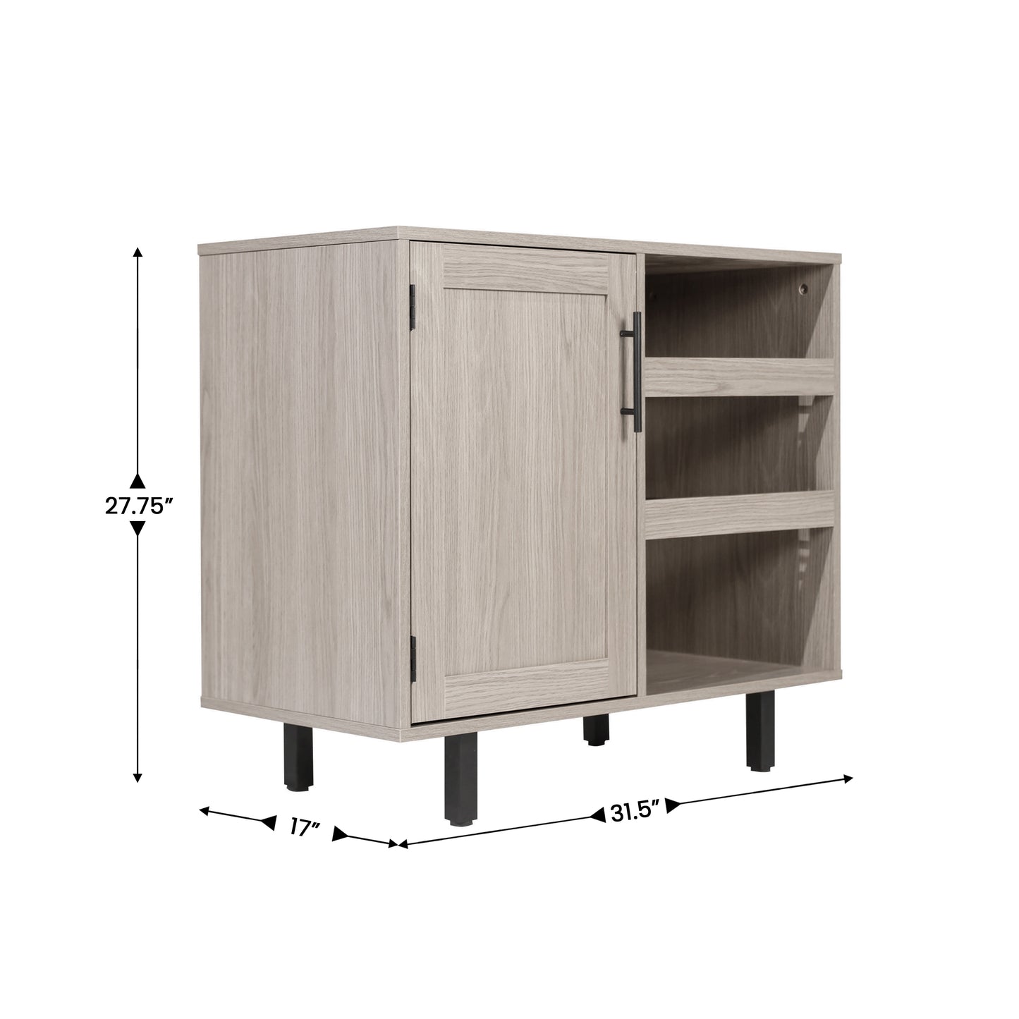 Elmont Classic Bar and Sideboard with Shaker Style Single Door Cabinet with Hanging Glass Storage and Open Bottle Shelves, Gray Gray