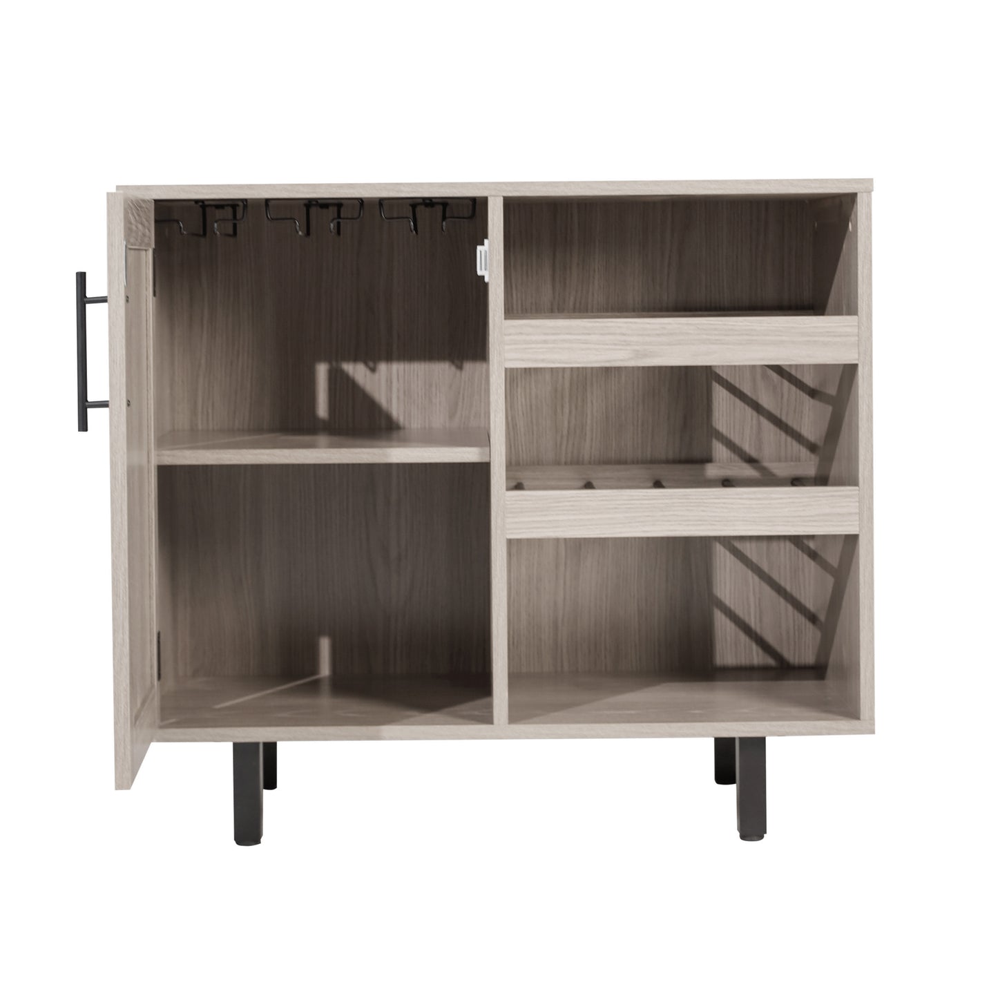 Elmont Classic Bar and Sideboard with Shaker Style Single Door Cabinet with Hanging Glass Storage and Open Bottle Shelves, Gray Gray