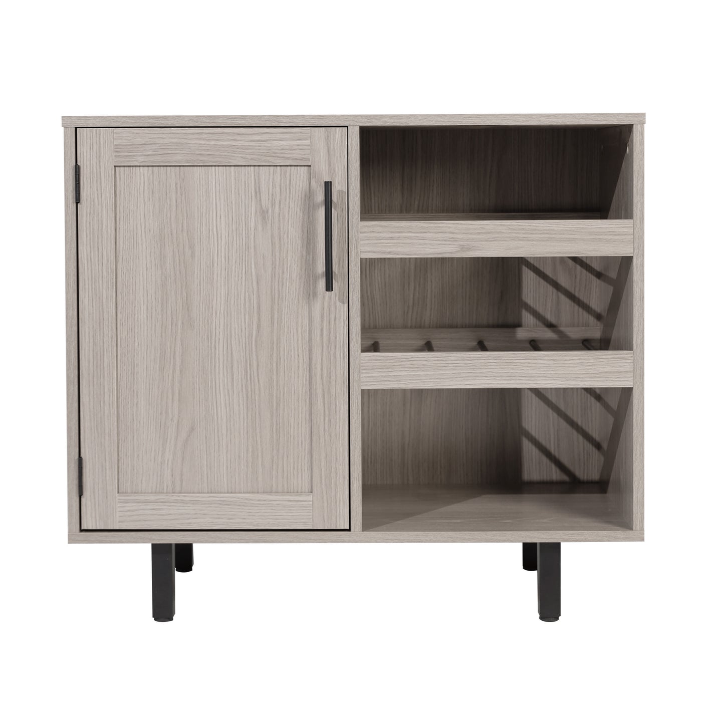 Elmont Classic Bar and Sideboard with Shaker Style Single Door Cabinet with Hanging Glass Storage and Open Bottle Shelves, Gray Gray