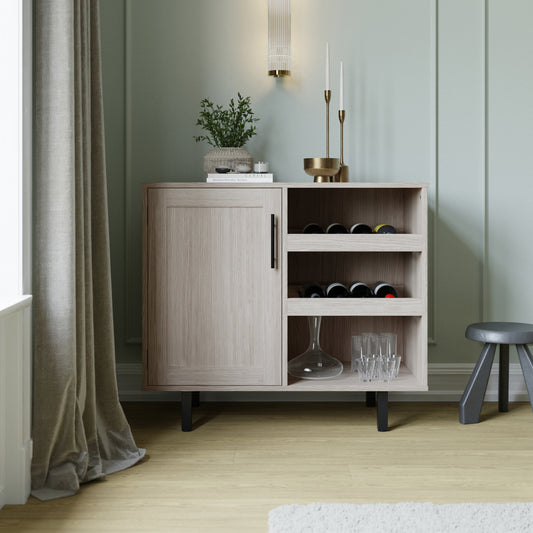 Elmont Classic Bar and Sideboard with Shaker Style Single Door Cabinet with Hanging Glass Storage and Open Bottle Shelves, Gray Gray NAN-F-HY-B23113-GRY-GG