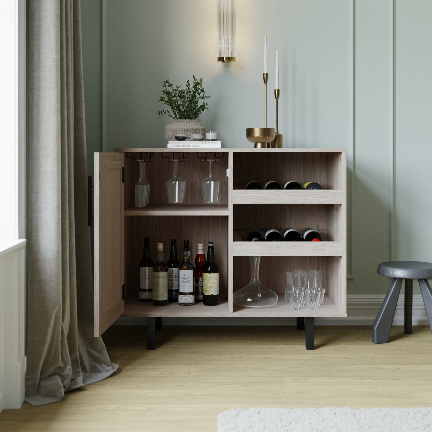 Elmont Classic Bar and Sideboard with Shaker Style Single Door Cabinet with Hanging Glass Storage and Open Bottle Shelves, Gray Gray